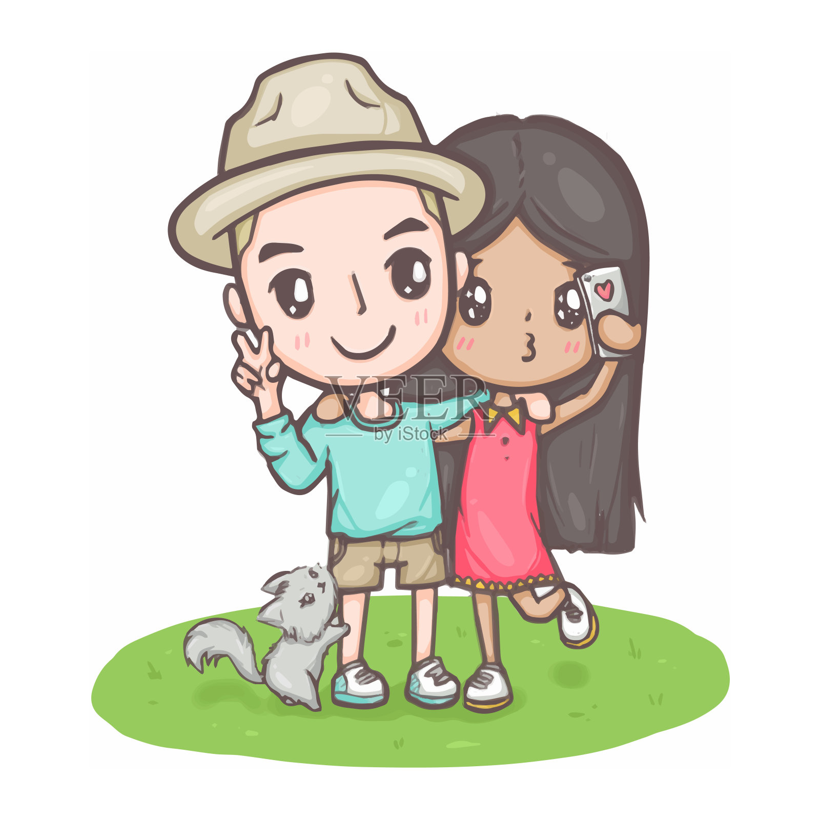 可爱的情侣时刻，一个女孩与一个男孩和一只猫自拍插画图片素材