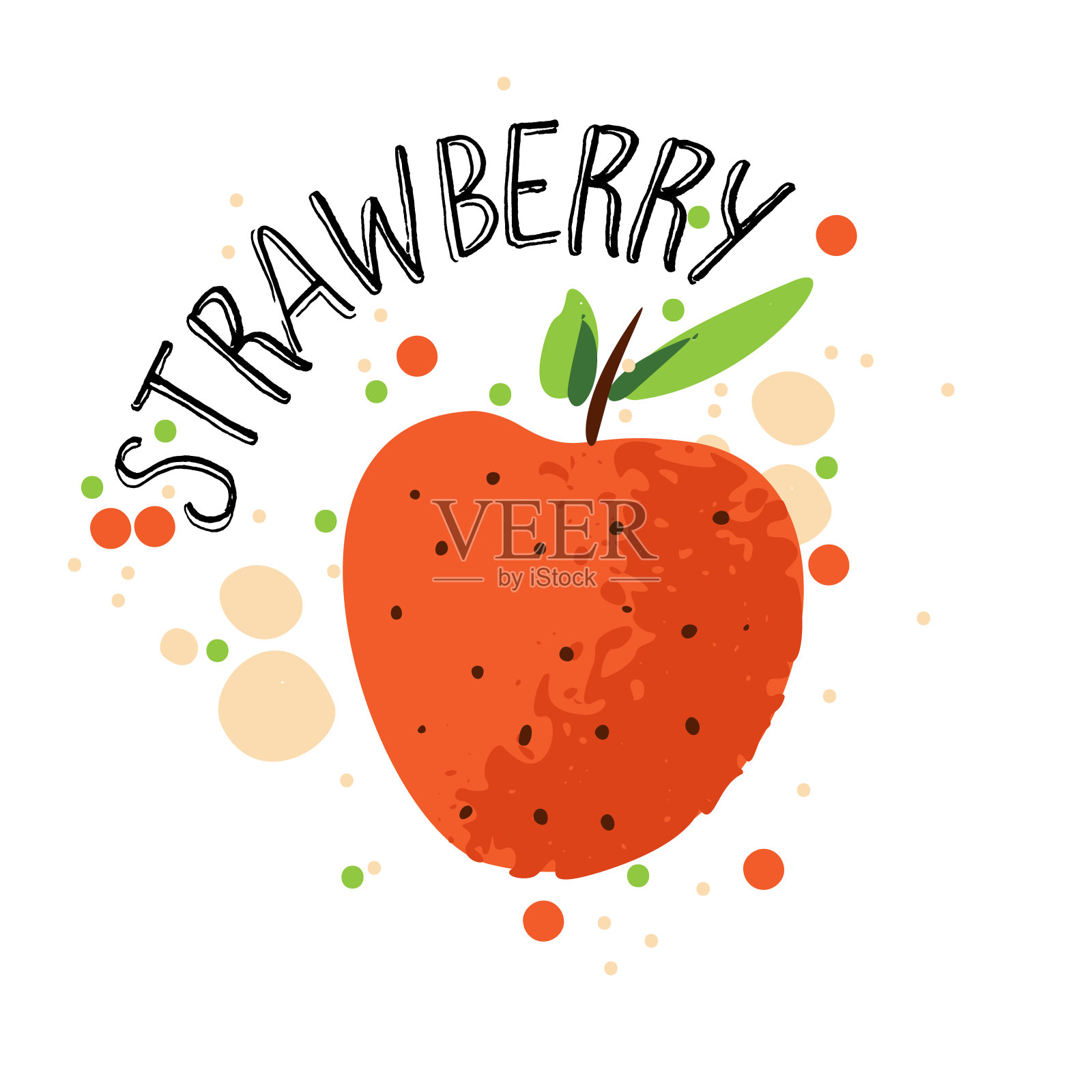 矢量手绘草莓插图。红色草莓与果汁飞溅孤立在白色背景。纹理草莓与飞溅，果汁热带浆果与词草莓在上面。新鲜的草莓剪影水果。插画图片素材