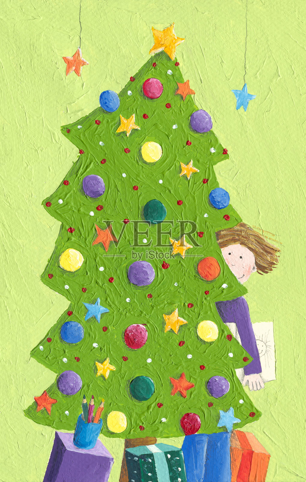 一个小男孩和圣诞树的丙烯酸插图设计模板素材