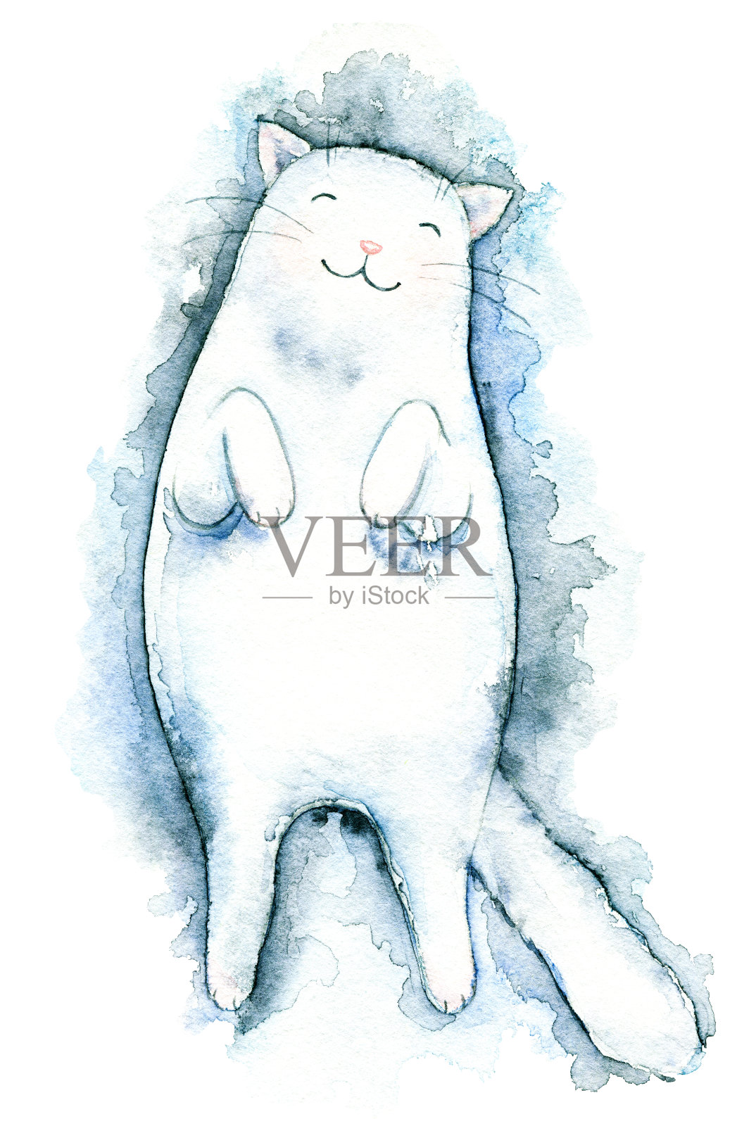 水彩白猫说谎和微笑插画图片素材