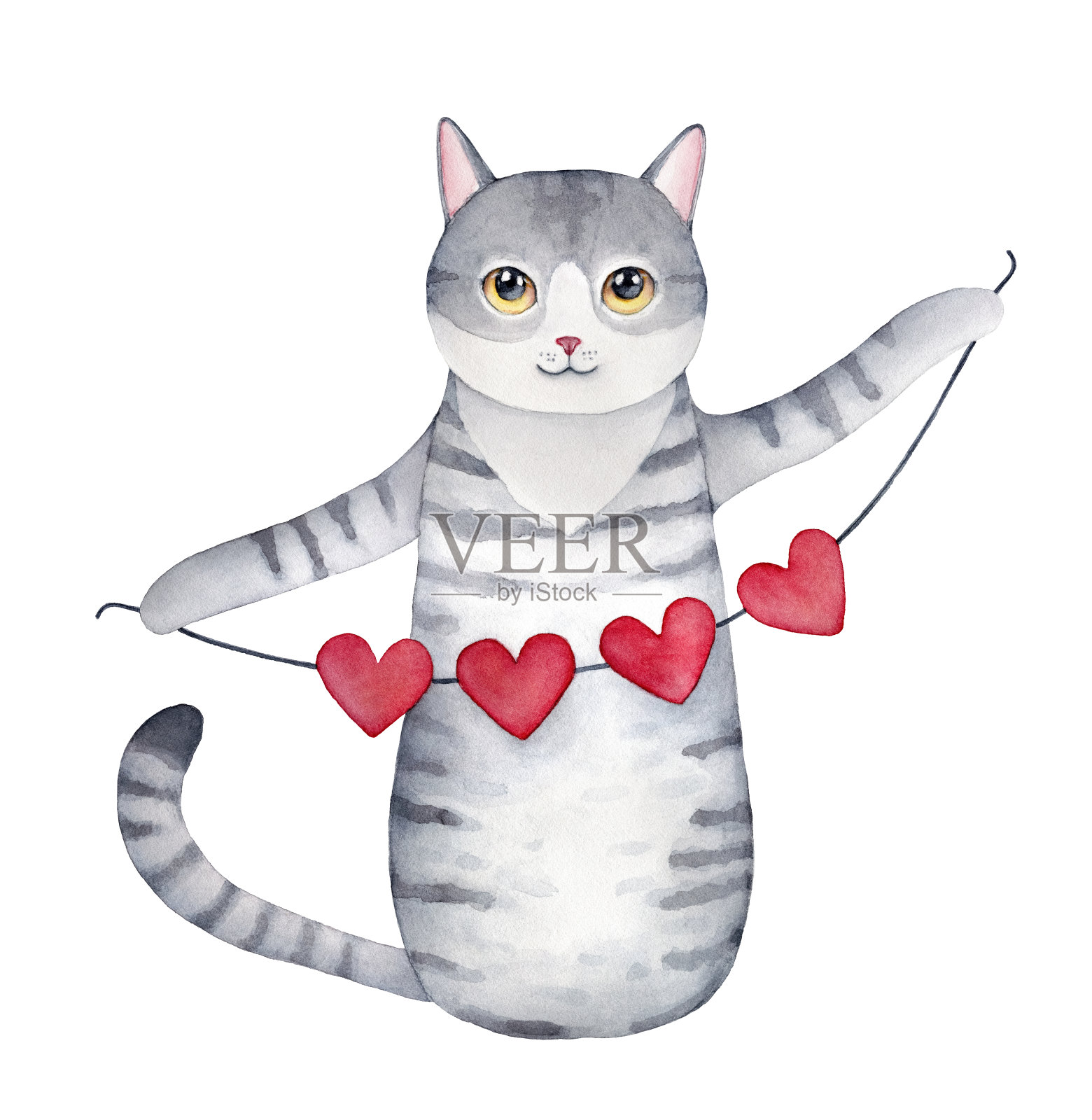 可爱的灰色条纹微笑猫抱着红心纸彩旗装饰。象征着爱情，浪漫，奉献，欢乐，情人节的节日。插画图片素材