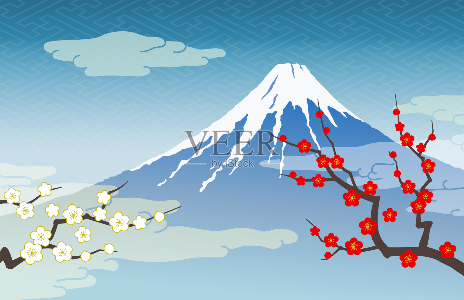 富士山红白梅子插画图片素材