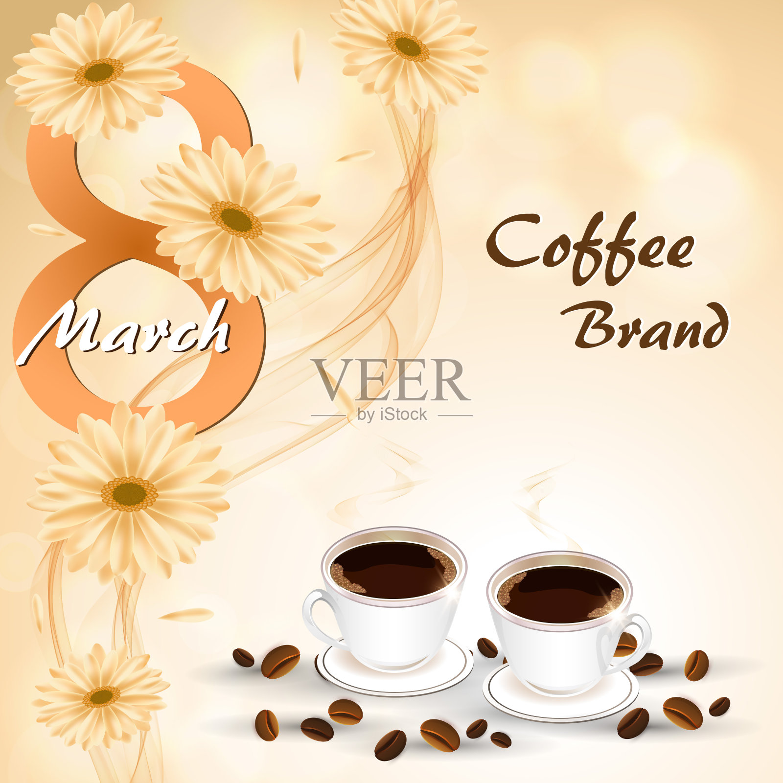 两个咖啡杯放在花的背景上插画图片素材