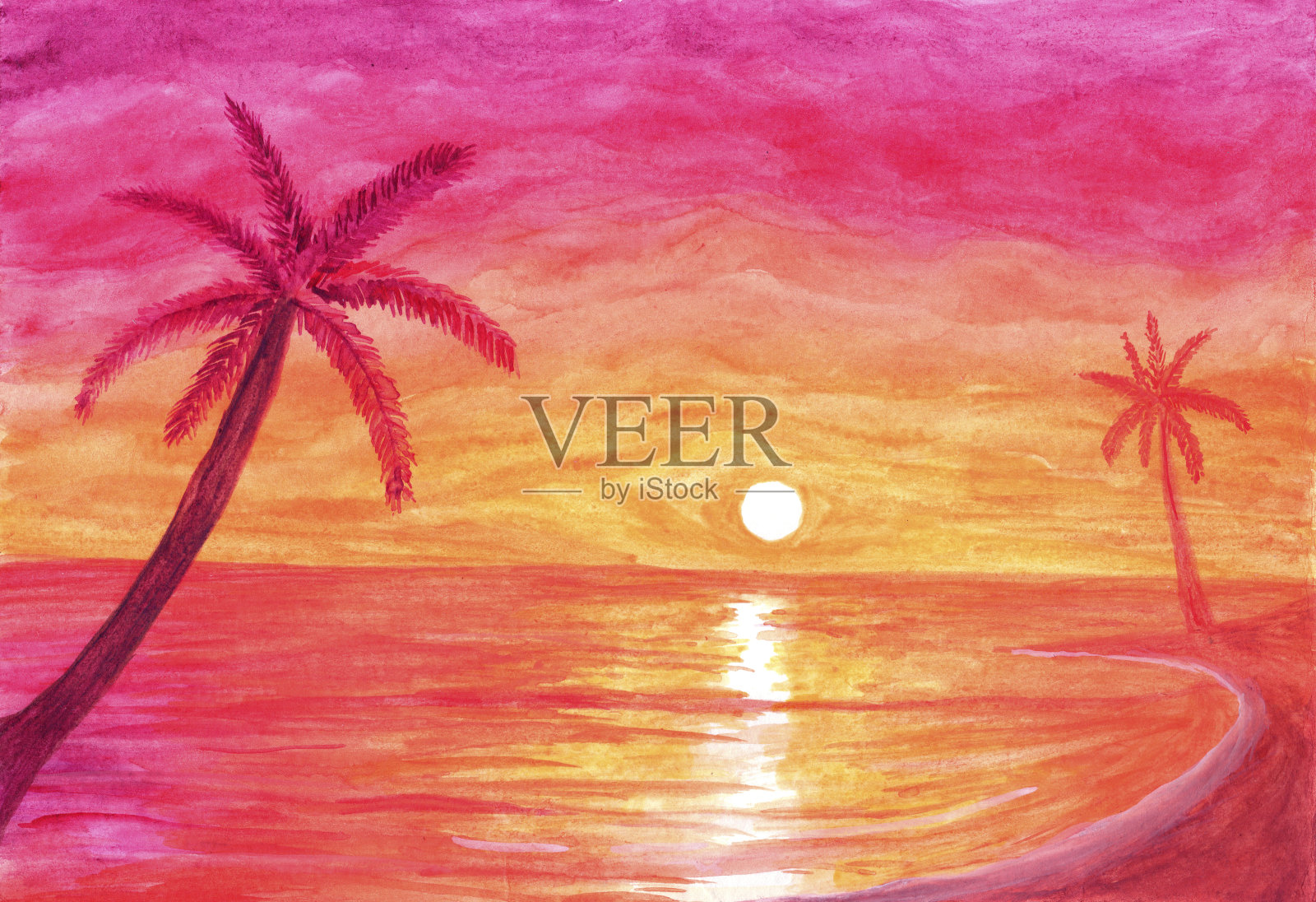 平静的海岸上的棕榈树在水彩日落插画图片素材
