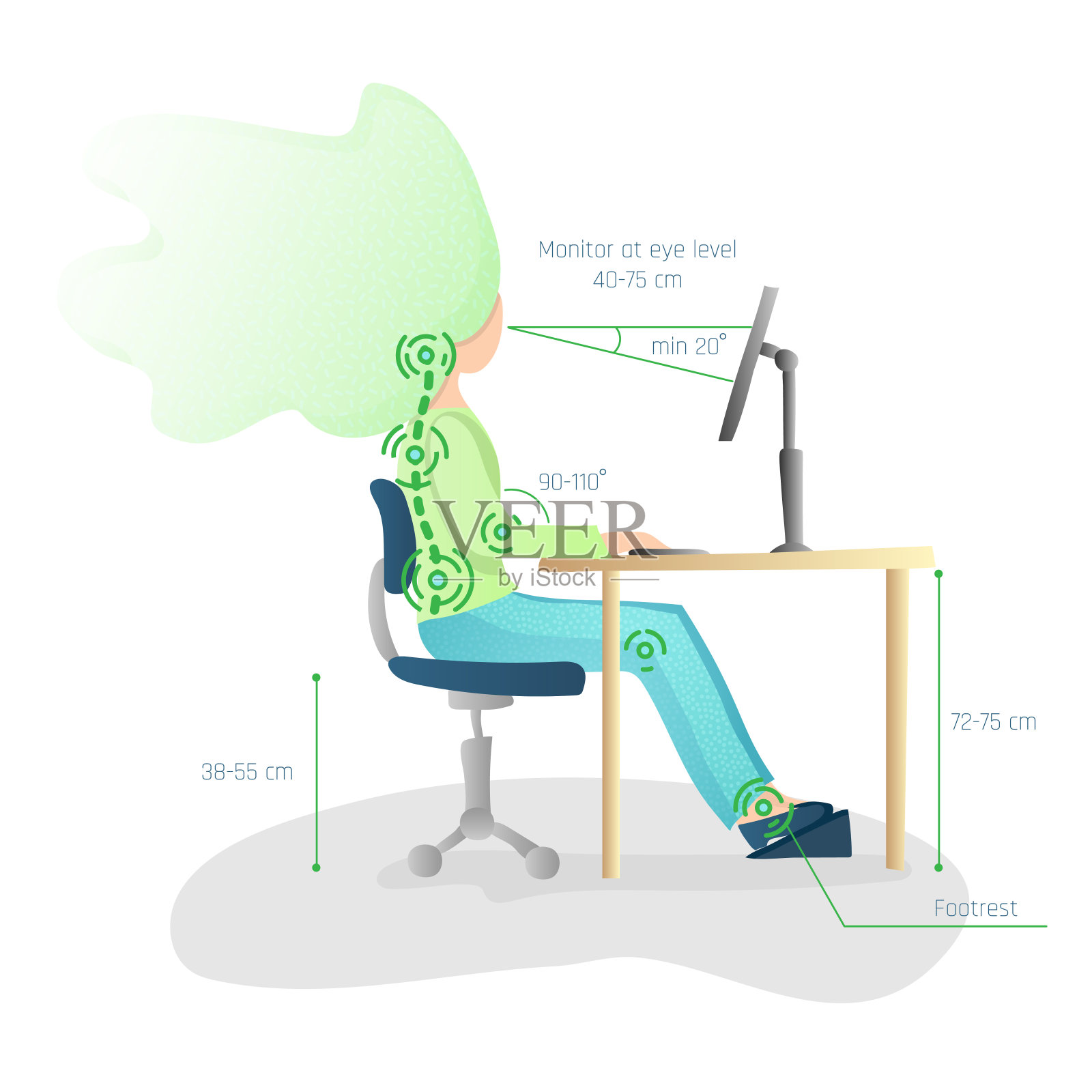 正确的坐姿工效学建议办公室职员:如何在使用电脑时坐在办公桌前插画图片素材_ID:303570241-Veer图库