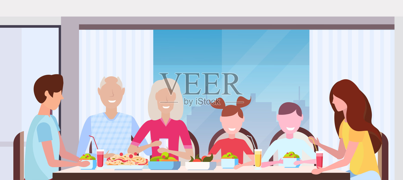 多代家庭围坐在餐桌上一起吃饭，快乐的祖父母，父母和孩子现代厨房室内平面特写肖像水平插画图片素材