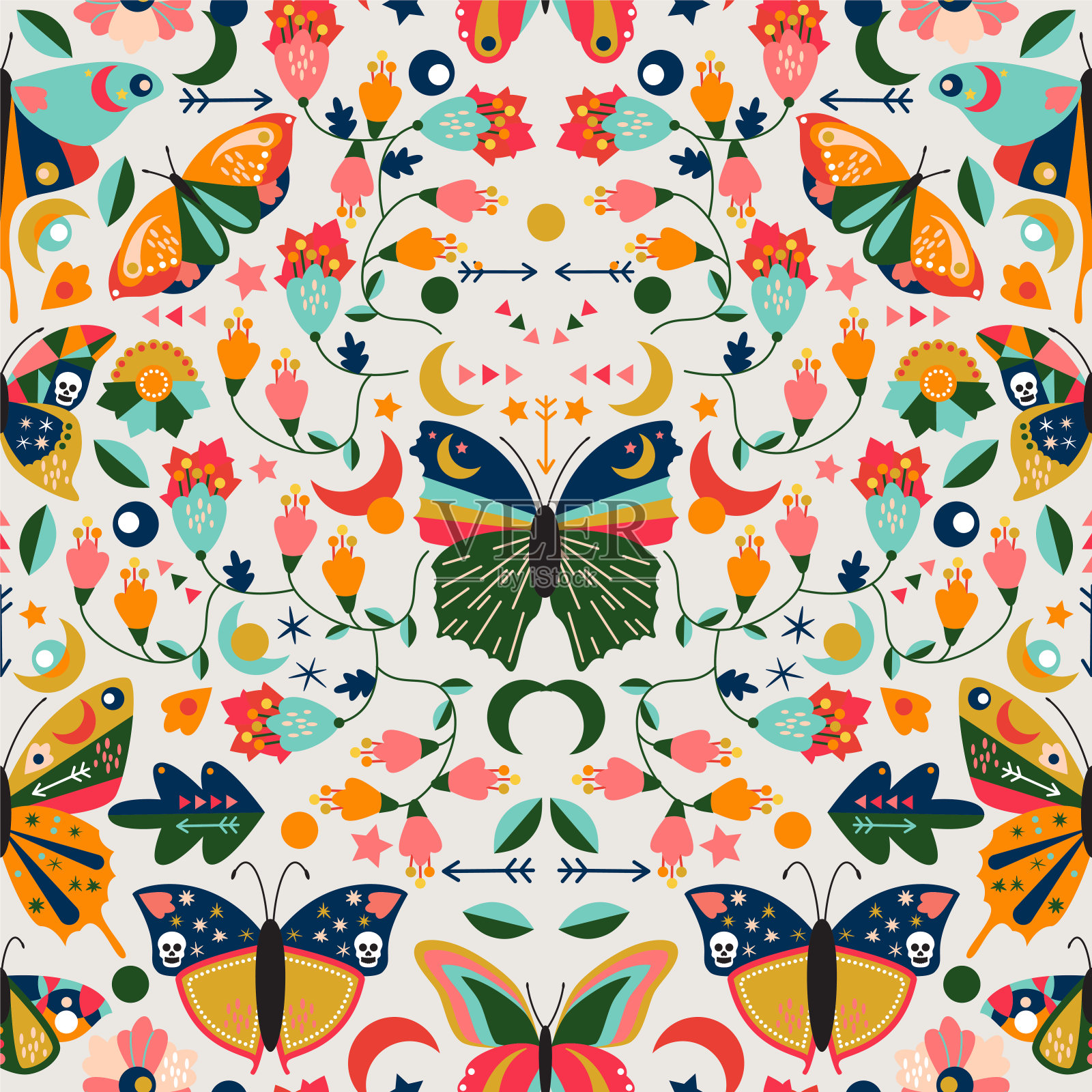 无缝，瓷砖壁纸图案与波西米亚风格的蝴蝶，飞蛾和花卉元素插画图片素材
