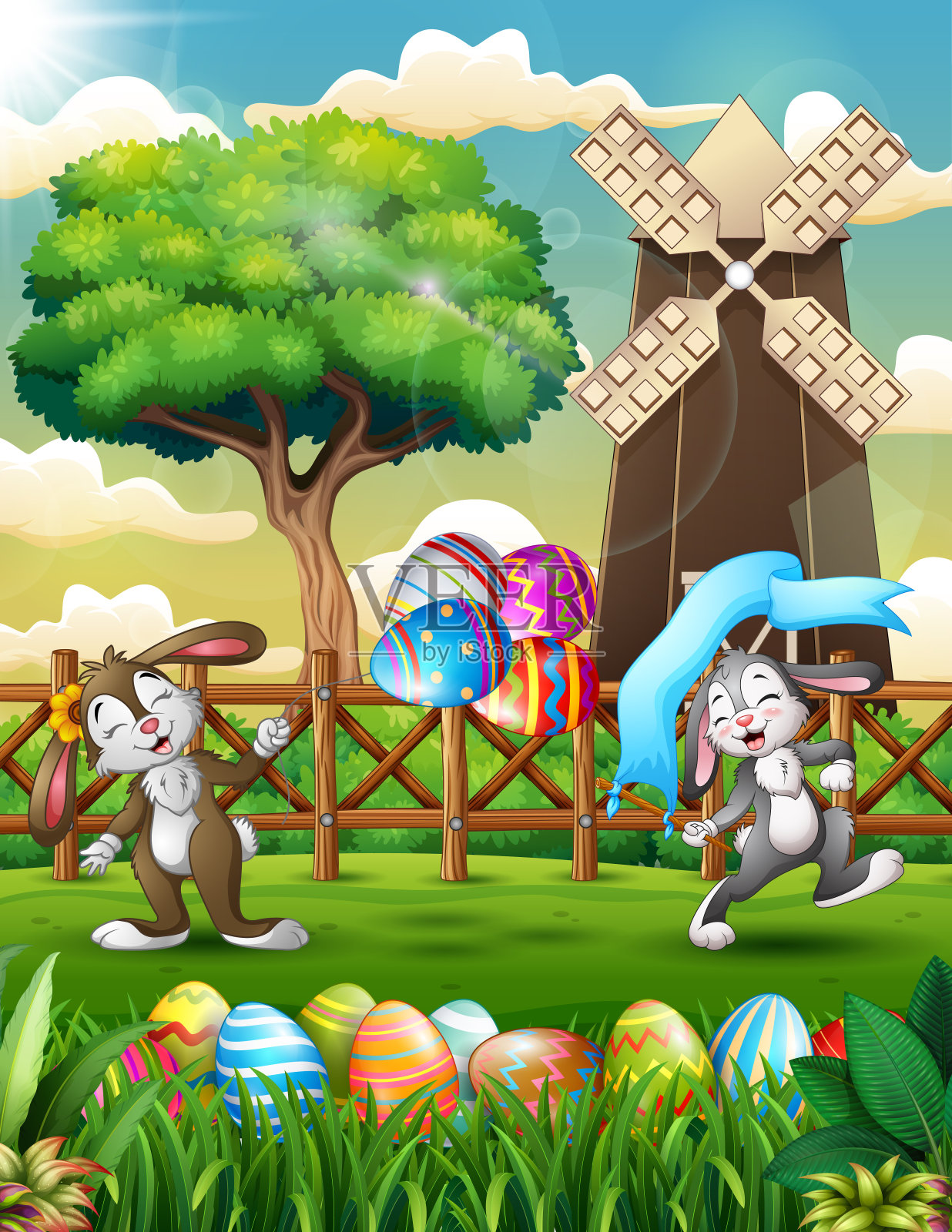 快乐的复活节兔子在春天的农场背景跳舞插画图片素材