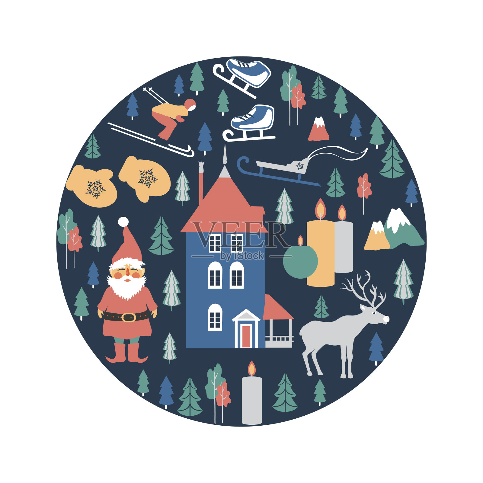 芬兰旅游卡通矢量圆框，芬兰地标，姆明家公园姆明世界，奥卢，圣诞老人，鹿，平面插画象征，装饰冬季斯堪的纳维亚背景设计插画图片素材