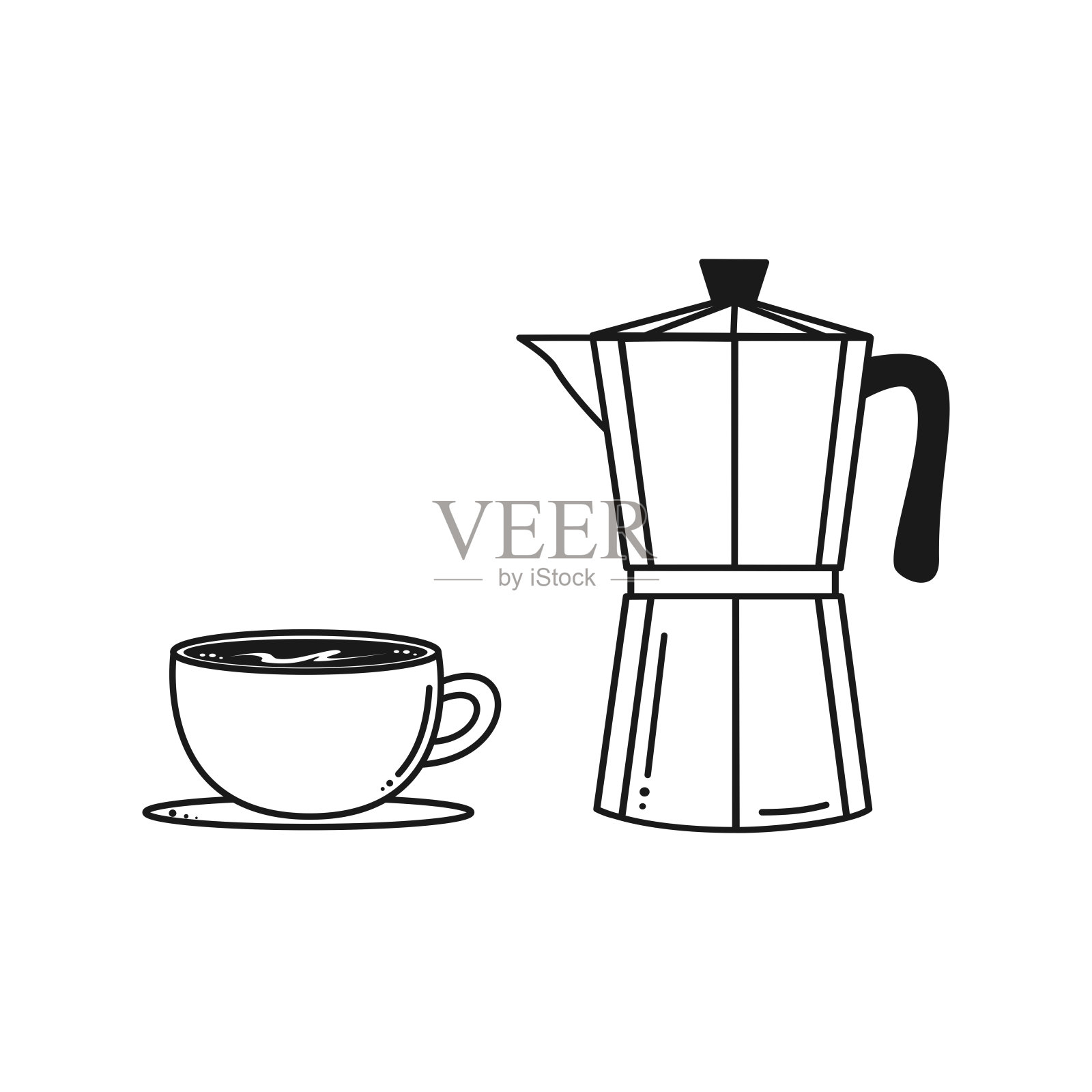 黑白咖啡摩卡壶与杯子矢量插图插画图片素材