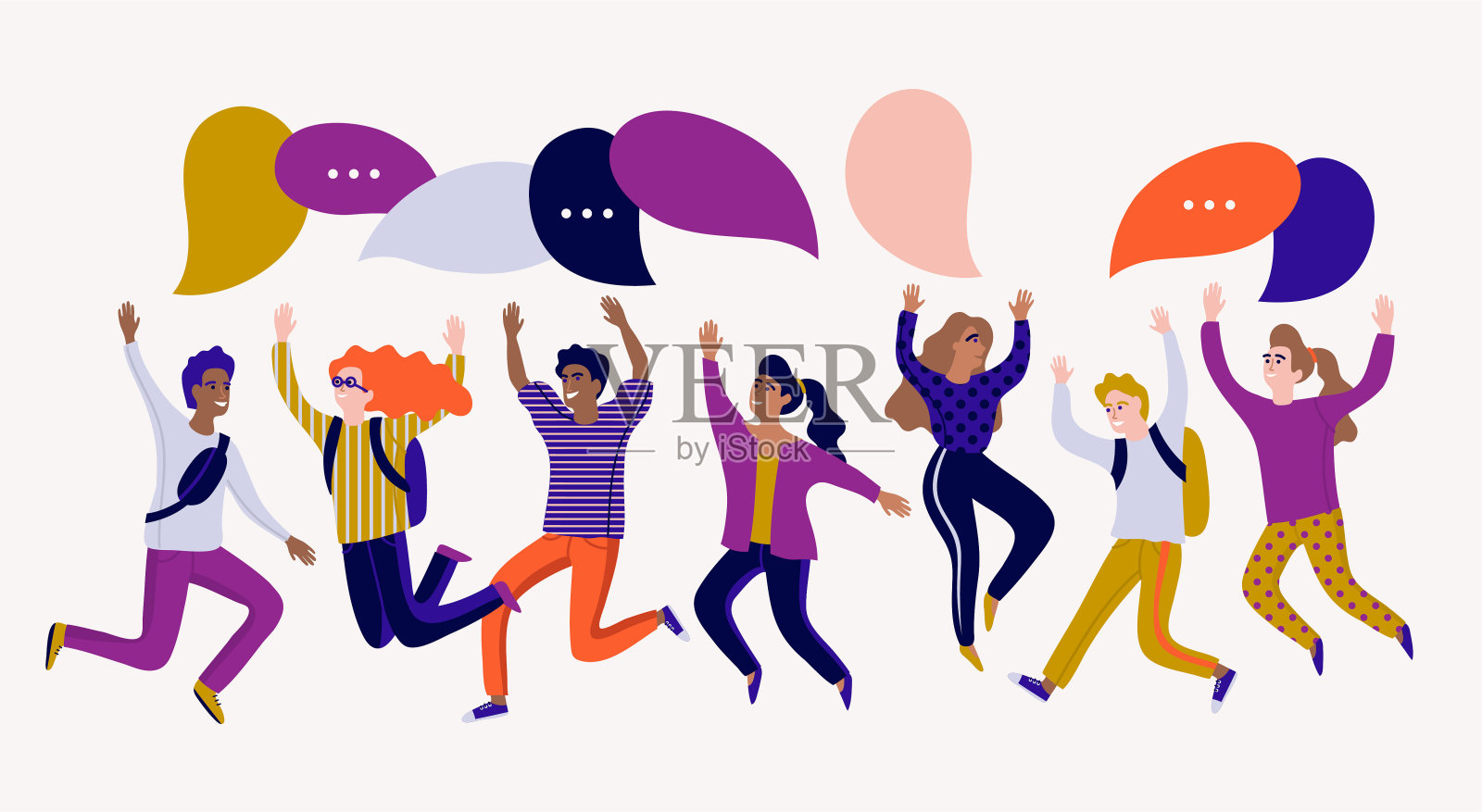 矢量插图在平面卡通风格与一组笑着的年轻人与高举的手和讲话气泡跳跃。插画图片素材