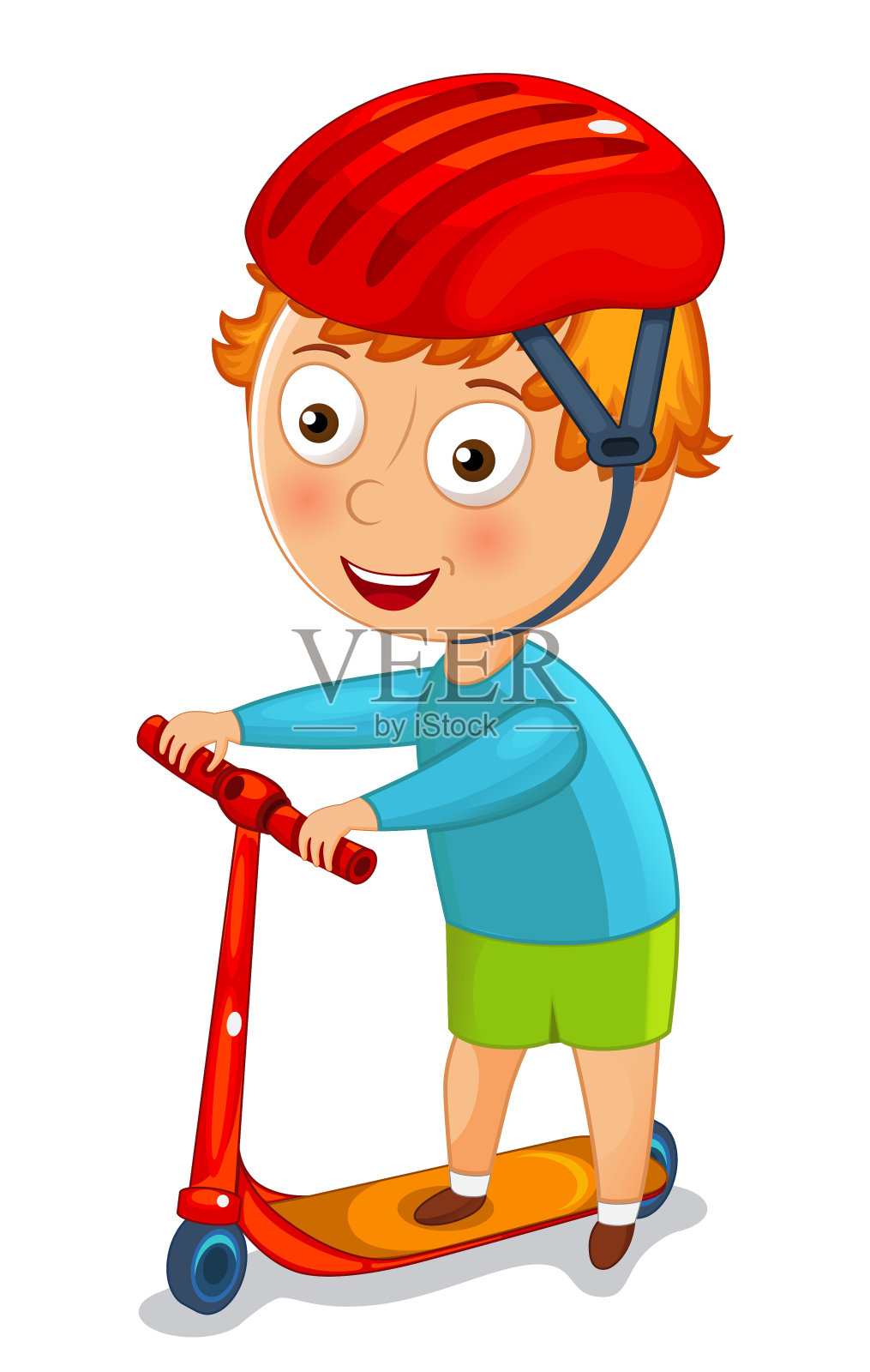 戴着头盔的小男孩骑着滑板车插画图片素材