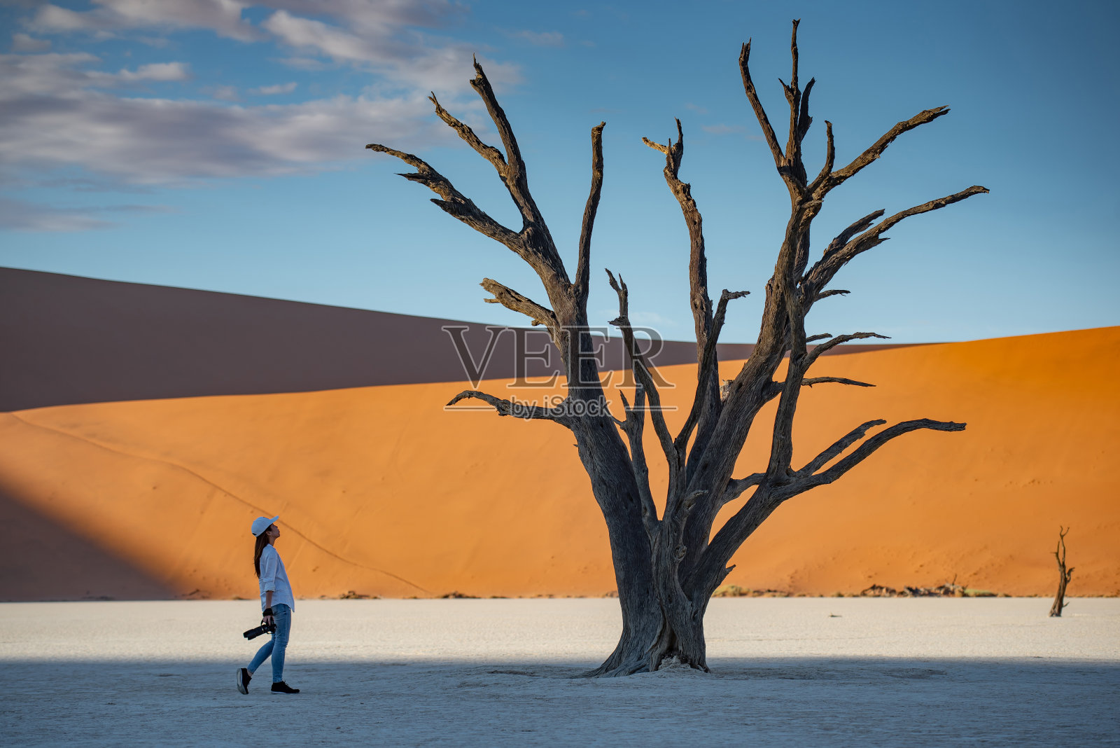 年轻的亚洲女摄影师和旅行者站在死树(Sossusvlei)在日出，著名的自然地标纳米比亚沙漠，非洲纳米比亚照片摄影图片