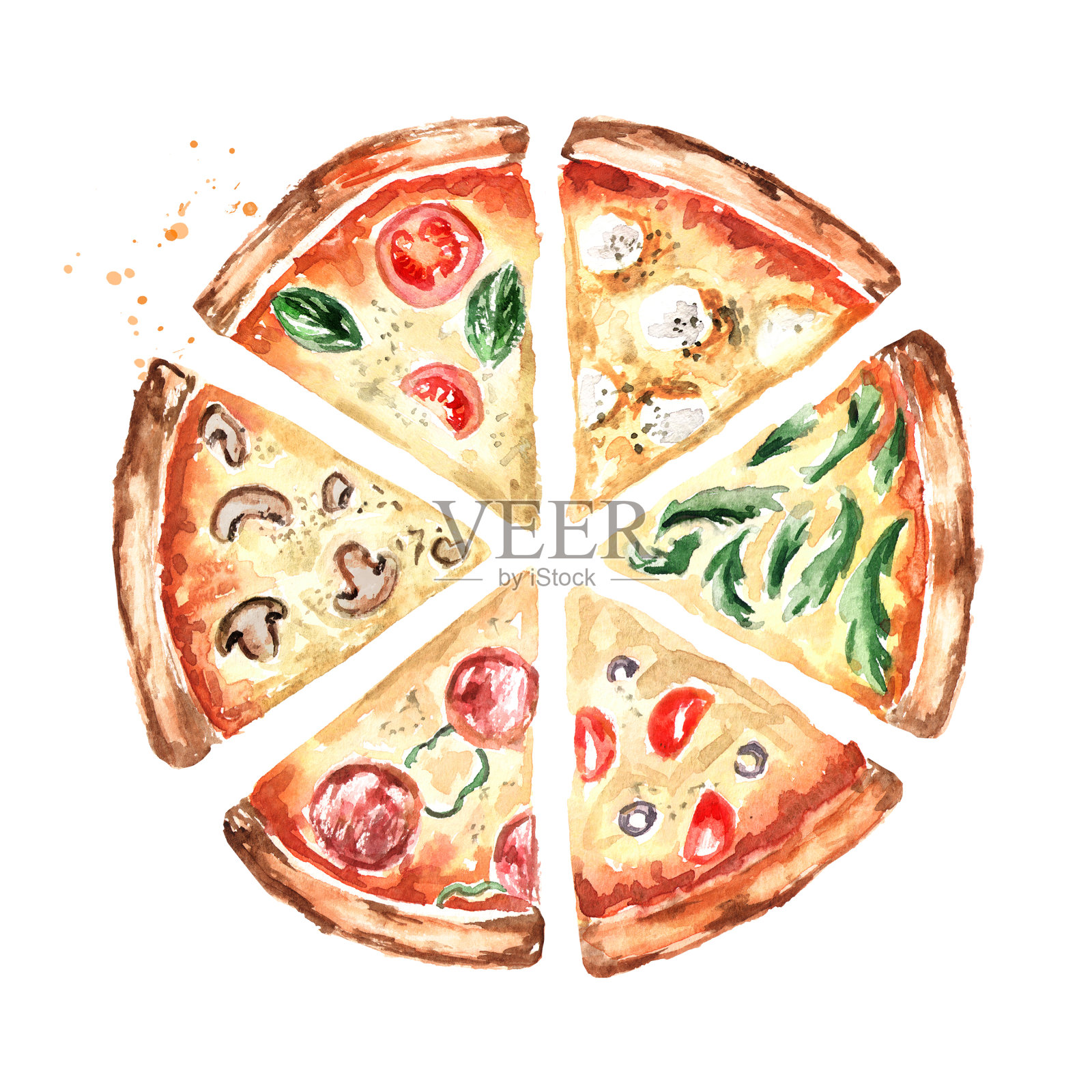 不同配料的披萨片，俯视图。水彩手绘插图，孤立的白色背景设计元素图片