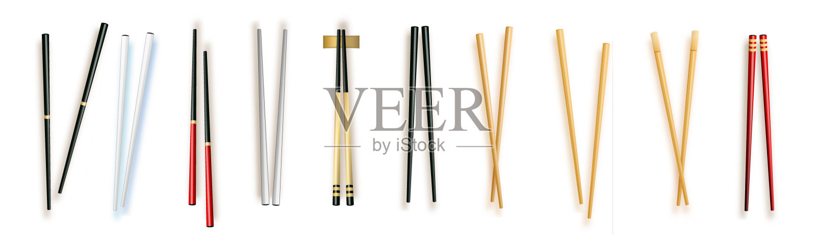 逼真的3d食物筷子设置不同类型。矢量插图的传统亚洲竹用具彩色筷子插画图片素材