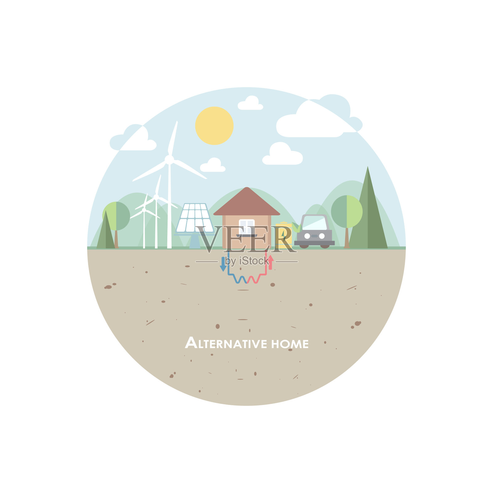 绿色能源生态友好住宅替代智能家居概念，风力涡轮机，太阳能电池板和地热能插画图片素材