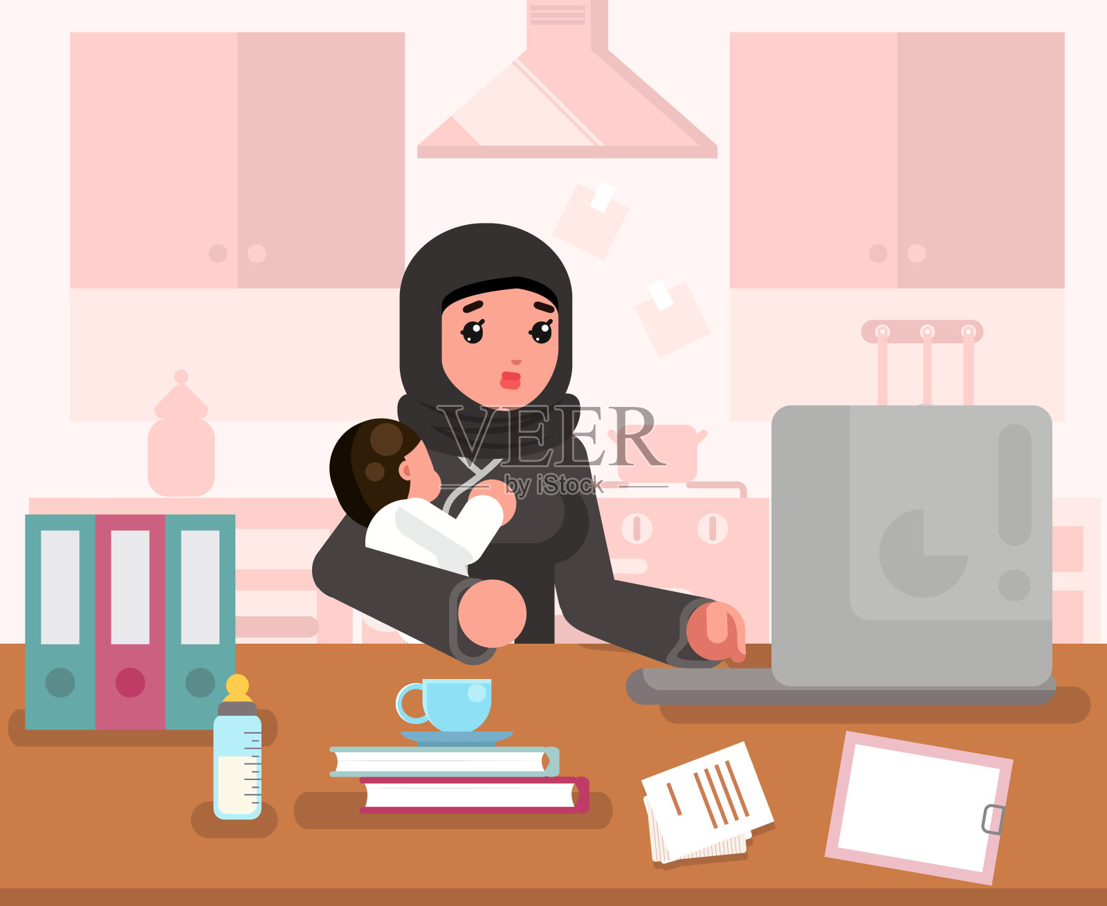 阿拉伯工作学习母亲妇女与孩子家庭办公室房间室内背景传统服饰平面设计概念模板矢量插图插画图片素材