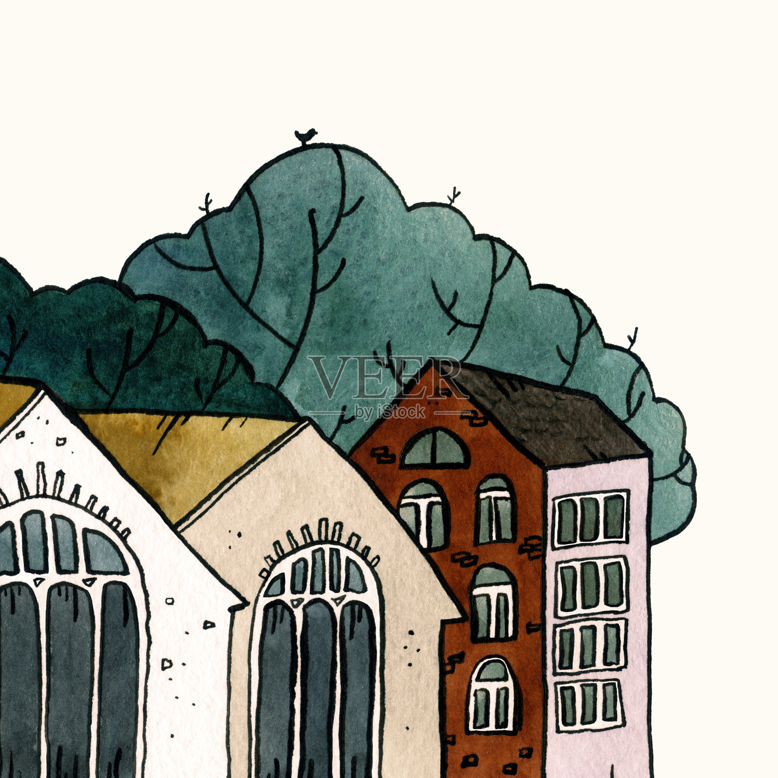 城市景观老城区手绘水彩插画。插画图片素材
