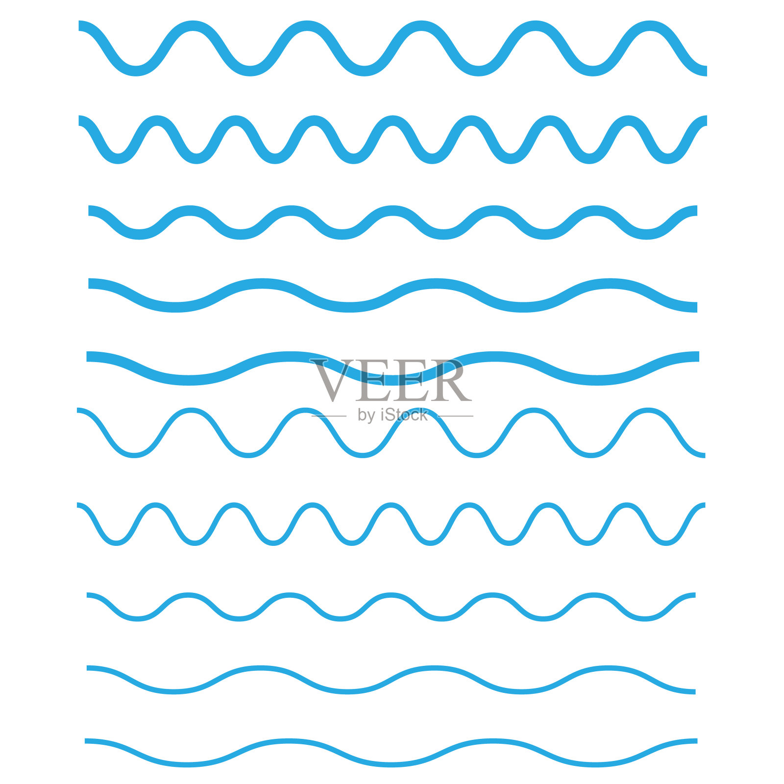 一组波浪，之字形，水平线。波轮廓图标。波细线符号设计元素图片