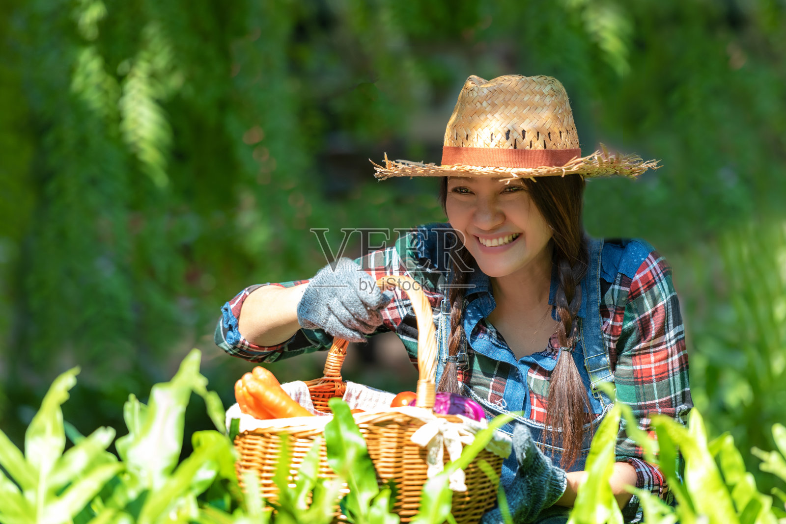 亚洲微笑快乐的妇女农民抱着一篮有机蔬菜照片摄影图片