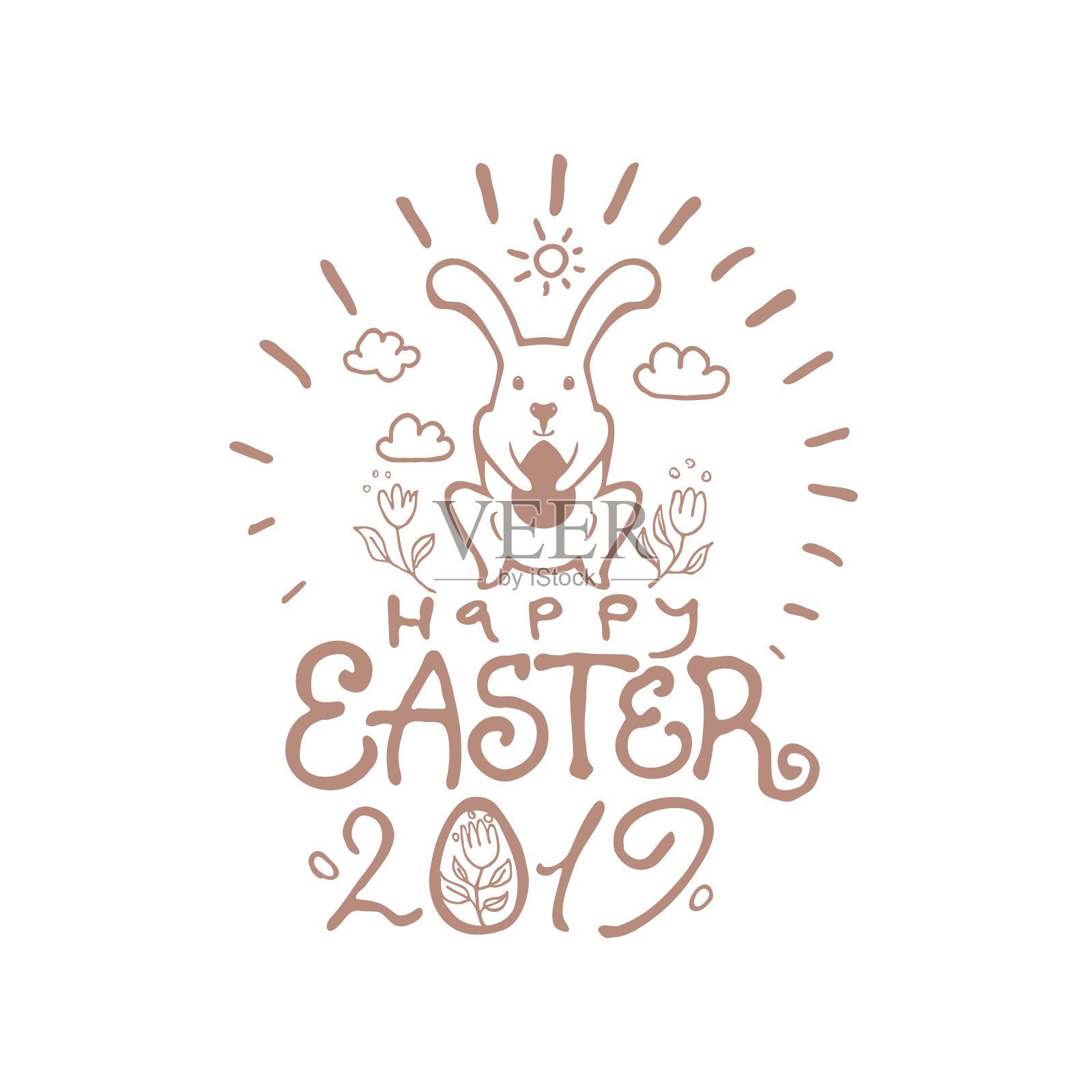 2019年复活节快乐。矢量插图复活节兔子，铭文和复活节蛋。插画图片素材