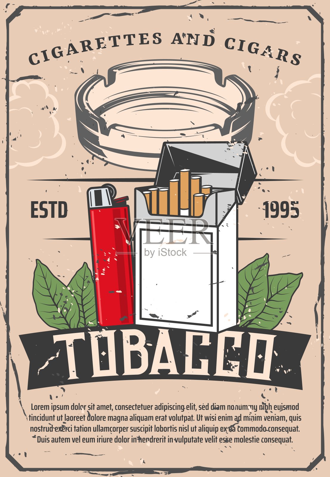 烟草和打火机或玻璃烟灰缸复古海报插画图片素材
