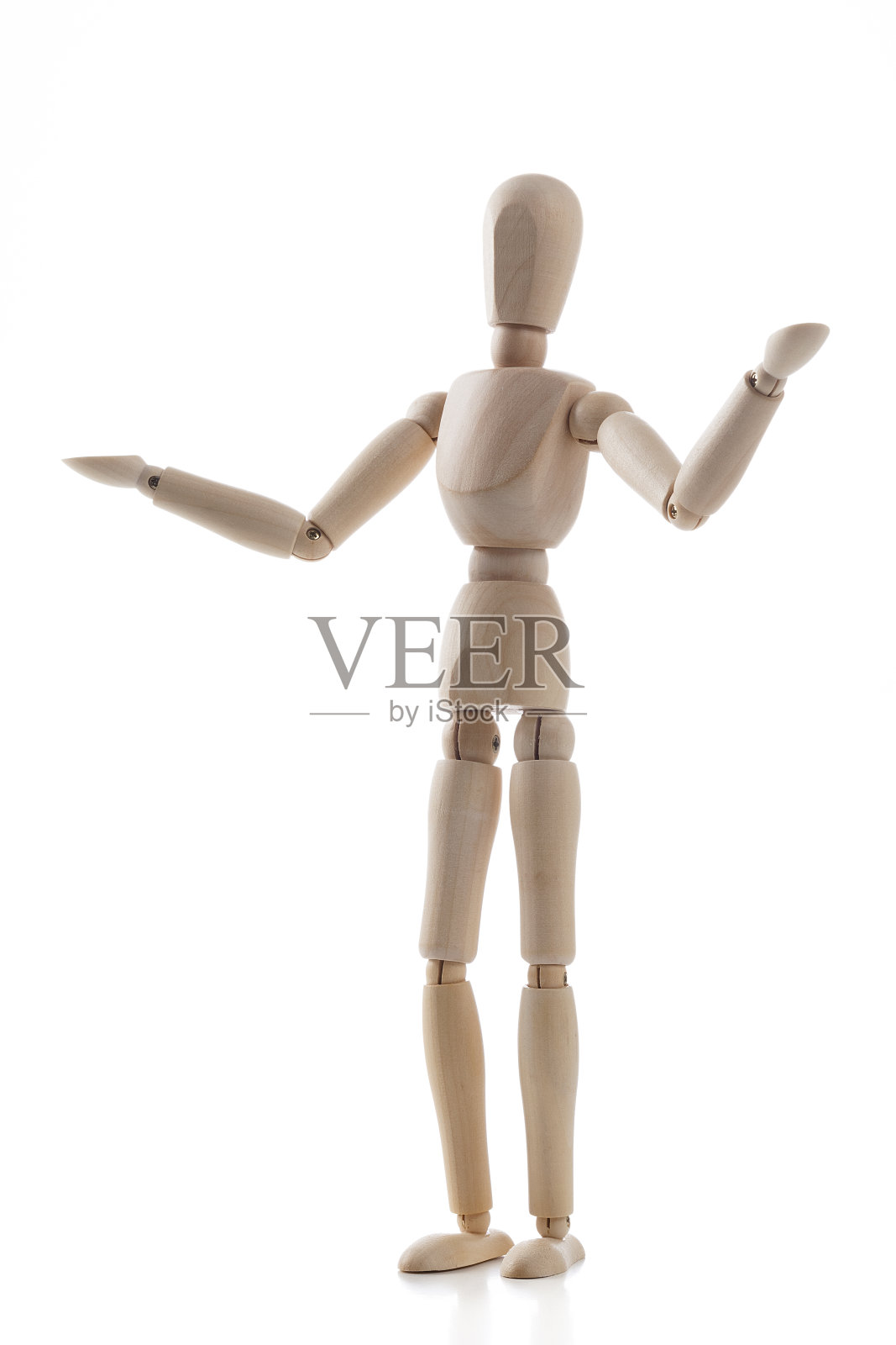 木制人体模型在白色背景上做孤立的手势照片摄影图片
