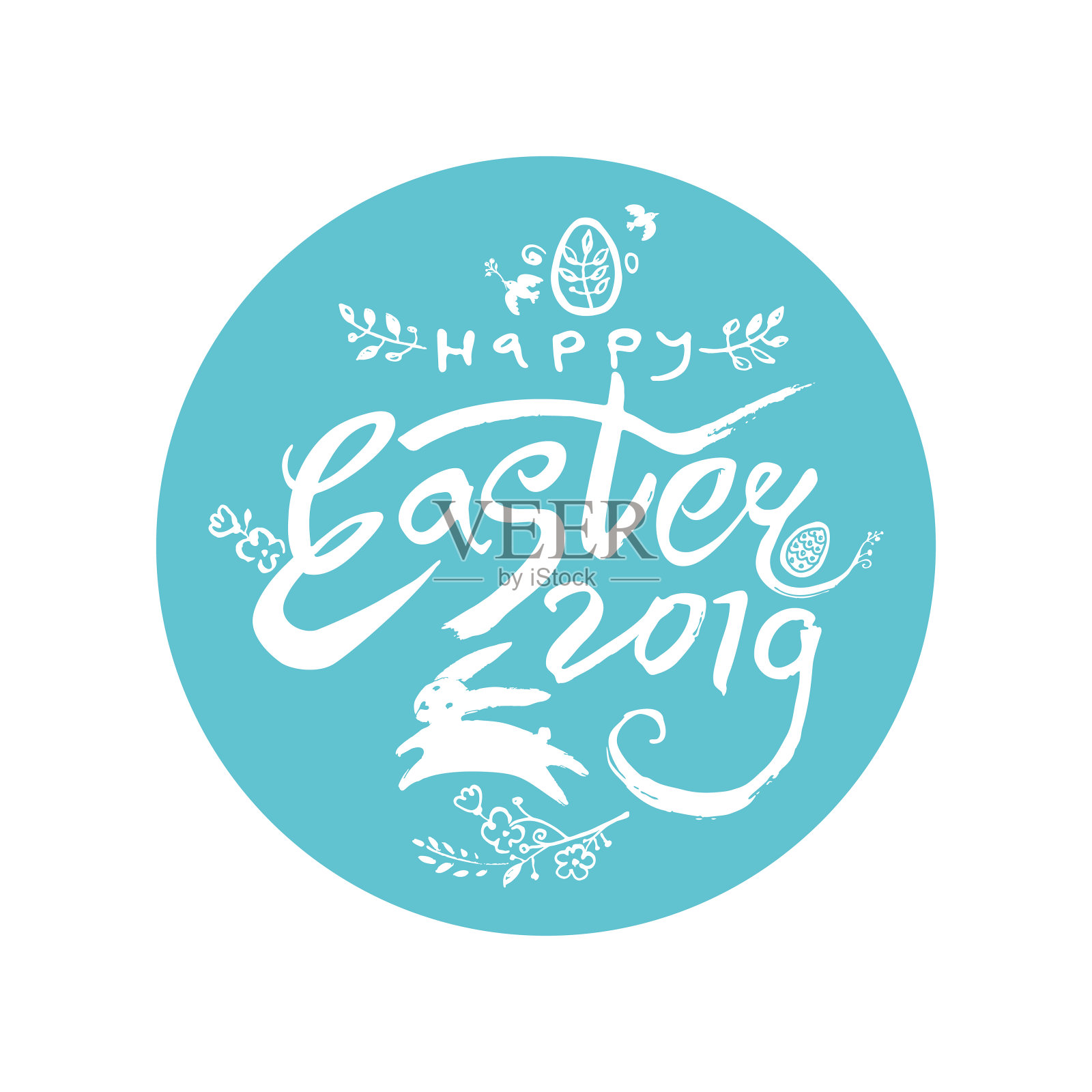 2019年复活节快乐。矢量圆贴纸复活节兔子，艺术字母和花卉装饰。插画图片素材