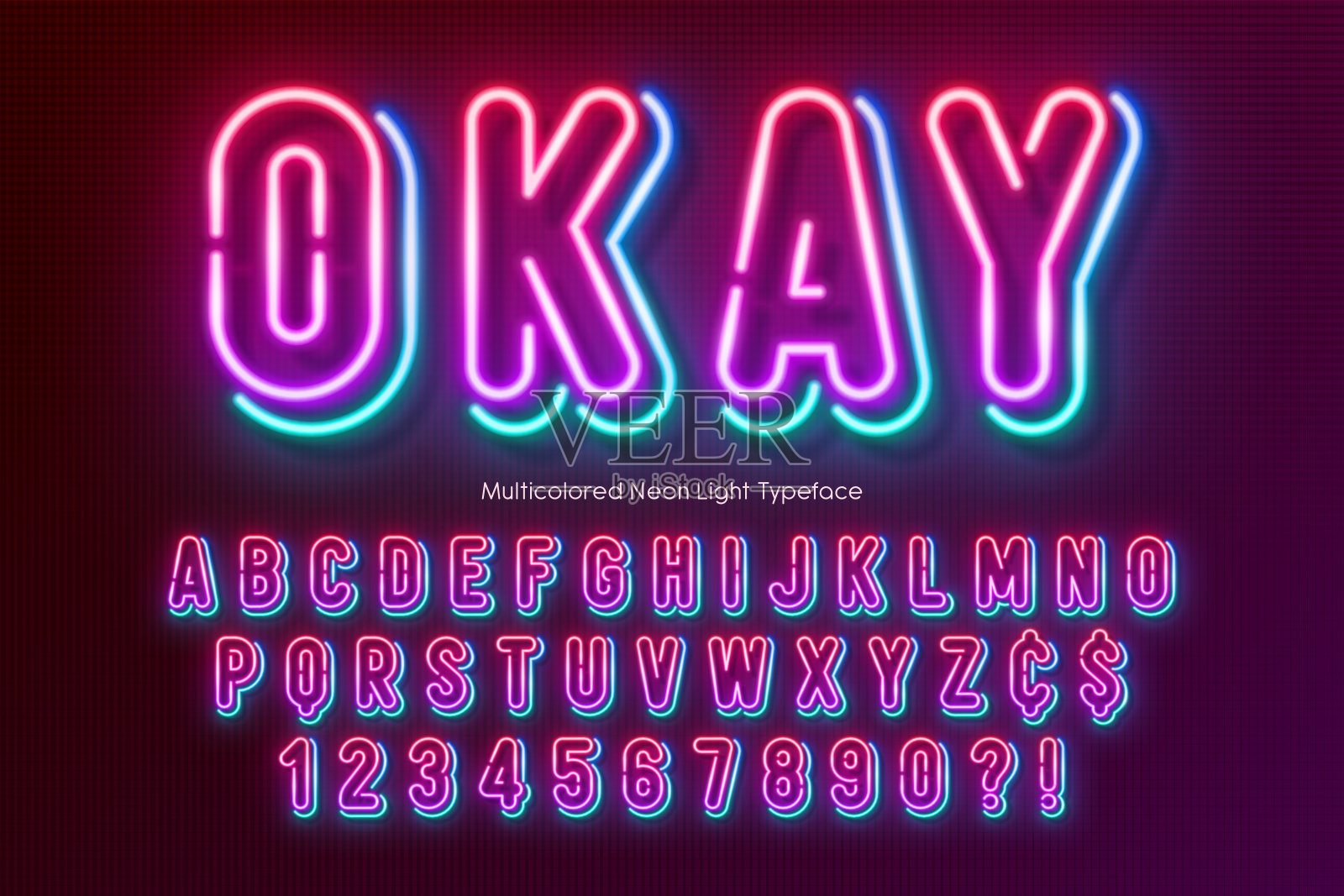 霓虹灯字母，多色额外发光的字体。插画图片素材