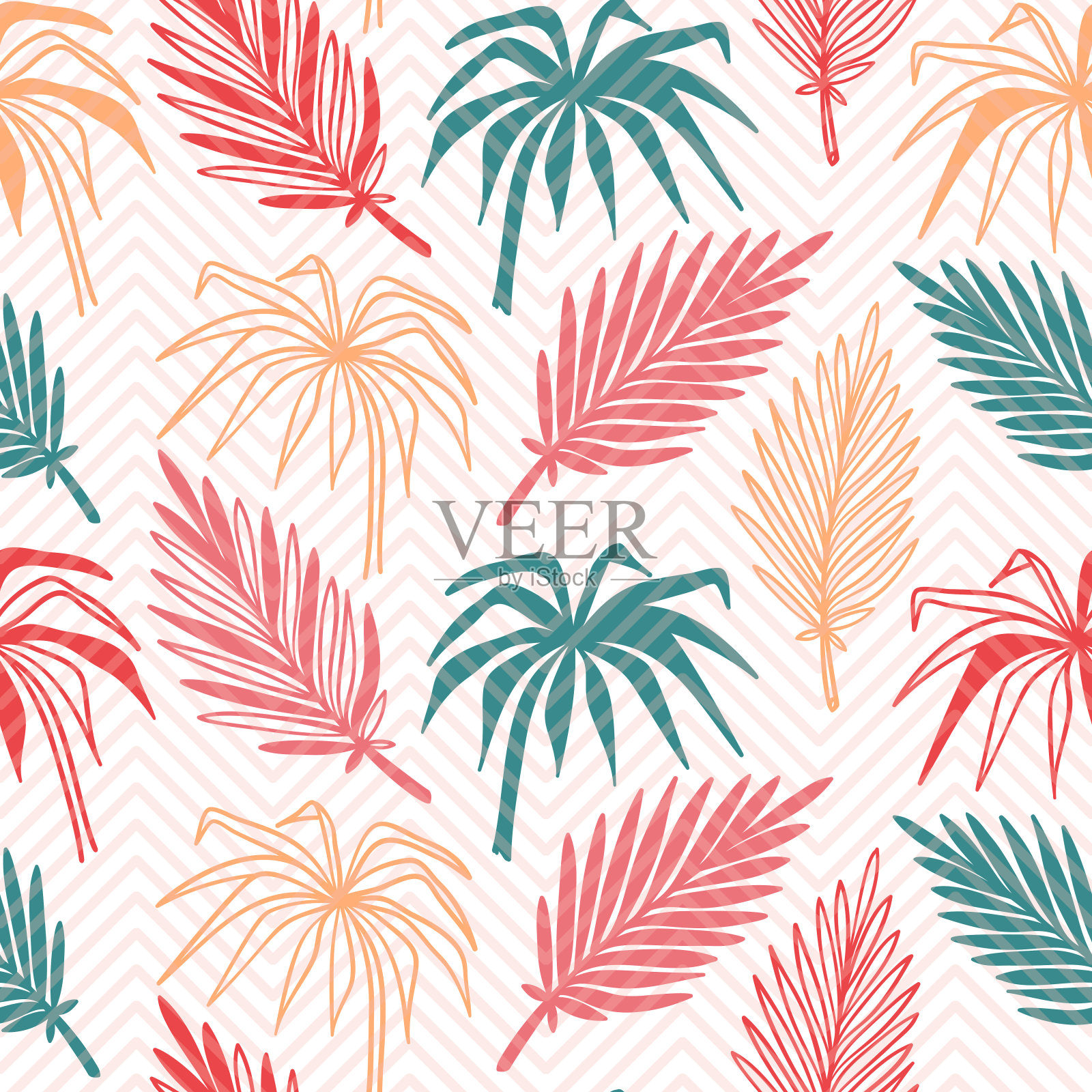 彩色热带棕榈树叶子矢量无缝模式。手绘涂鸦棕榈叶素描。夏季花条纹人字形背景。热带植物壁纸插画图片素材