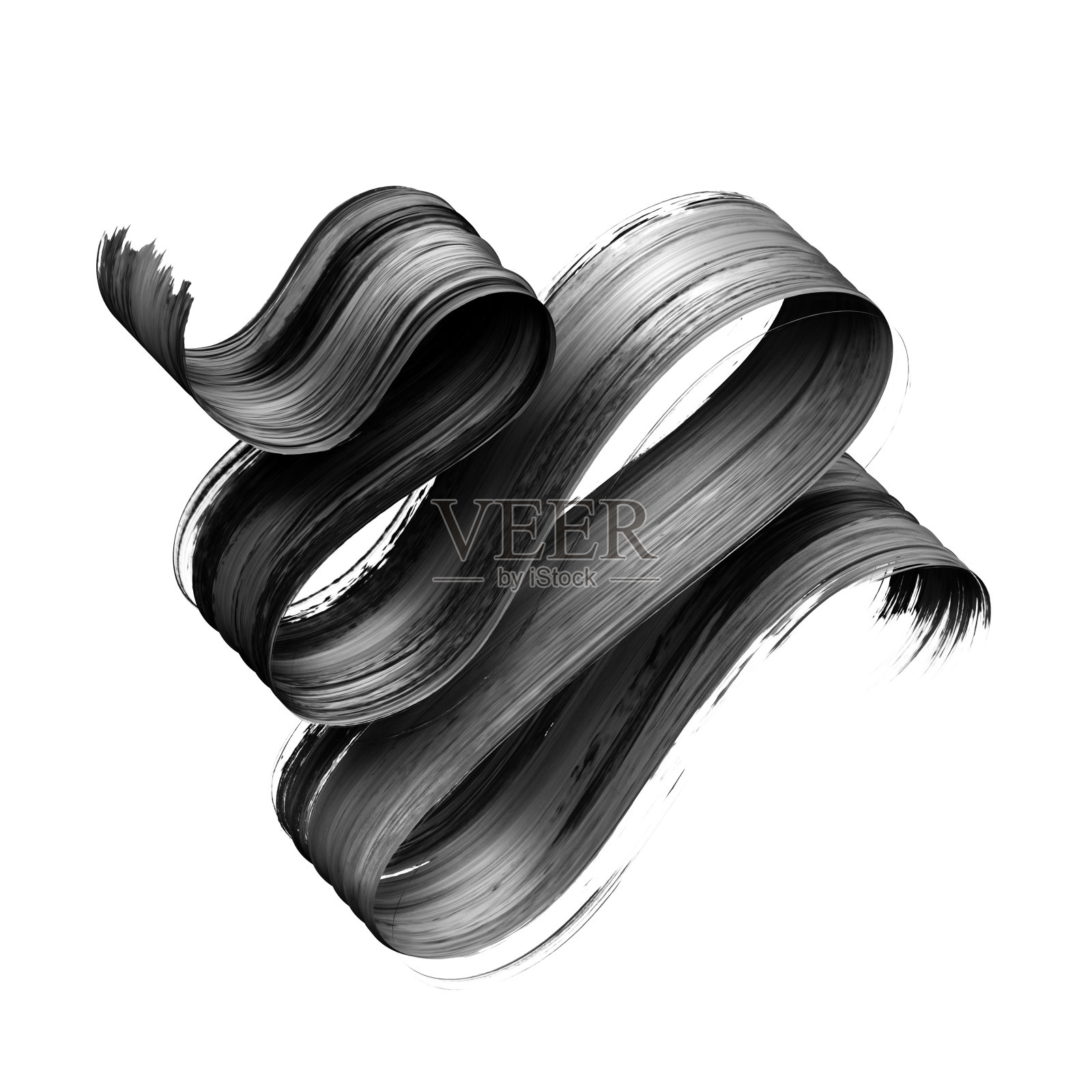 3d渲染，抽象的黑色笔触，创意墨水涂抹，油漆纹理，波浪缎带，设计元素孤立的白色背景插画图片素材