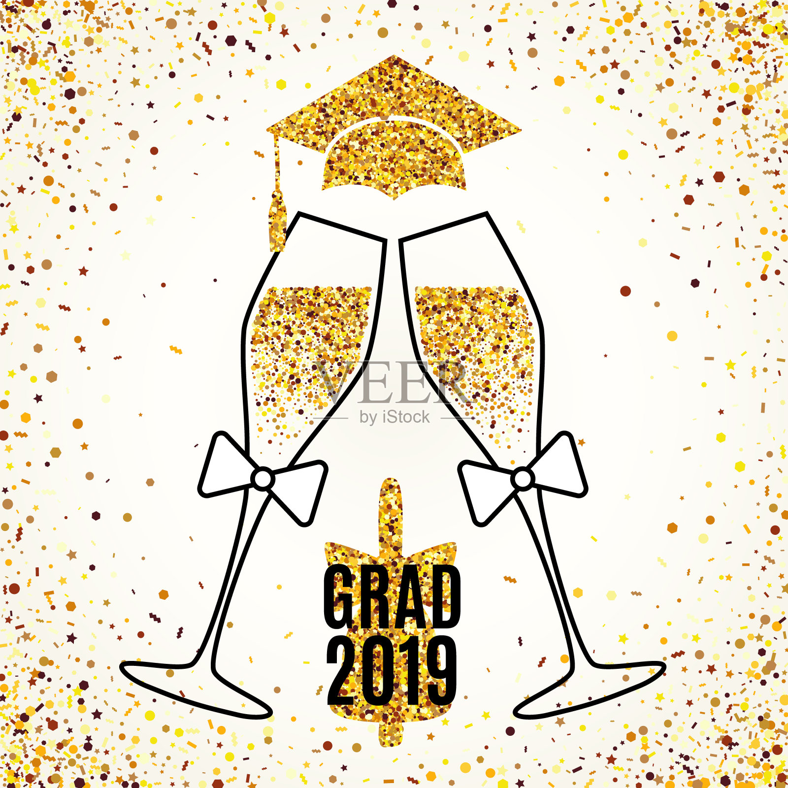 2019年毕业生贺卡与两杯香槟，帽子，铃铛，撒金色的五彩纸屑邀请，横幅，海报，明信片。矢量图模板。都是隔离和分层的插画图片素材