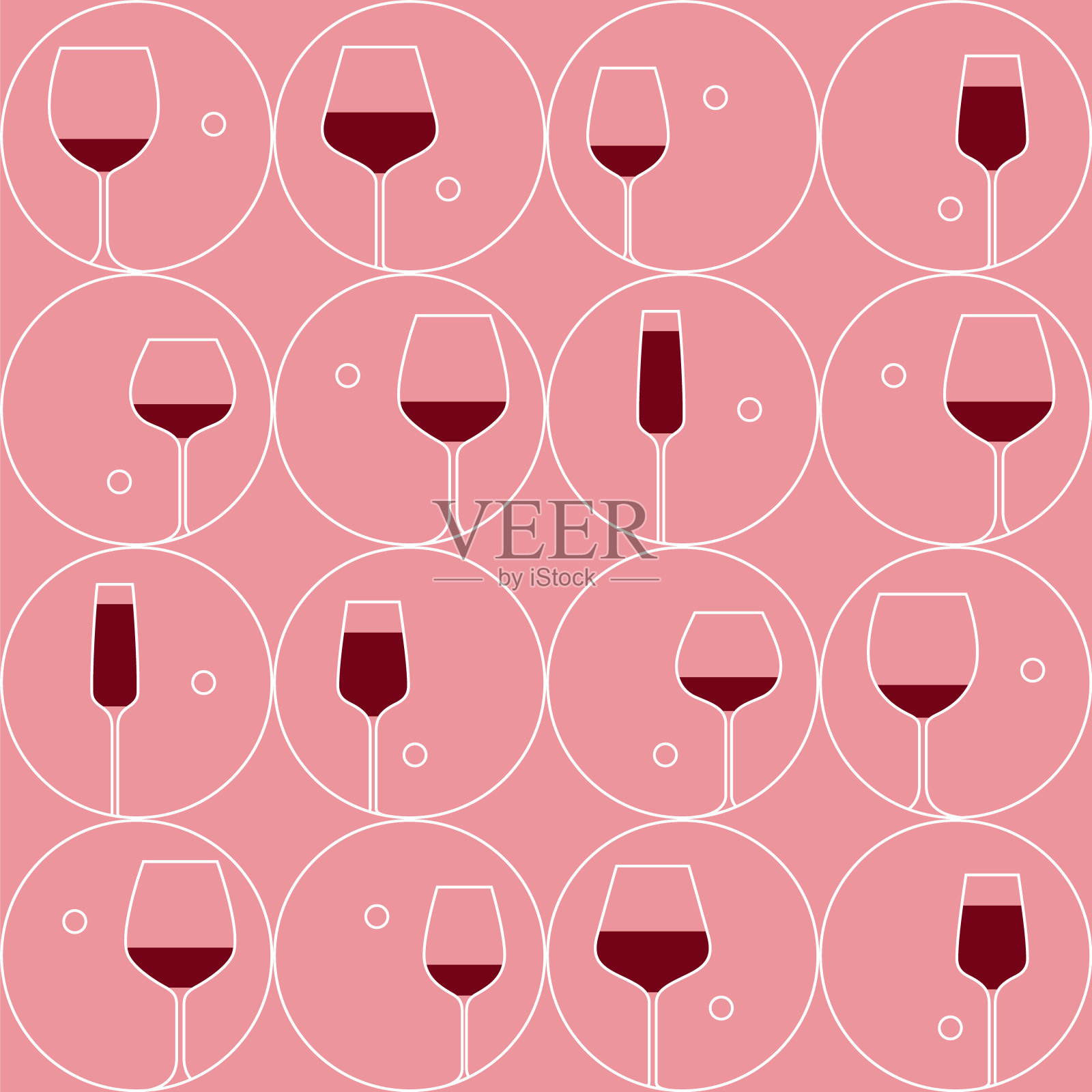 饮料杯，线性图标与葡萄酒杯在一个圆圈。无缝质感，设计元素与红酒品酒，菜单，酒单，餐厅，酒庄，商店。设计元素图片