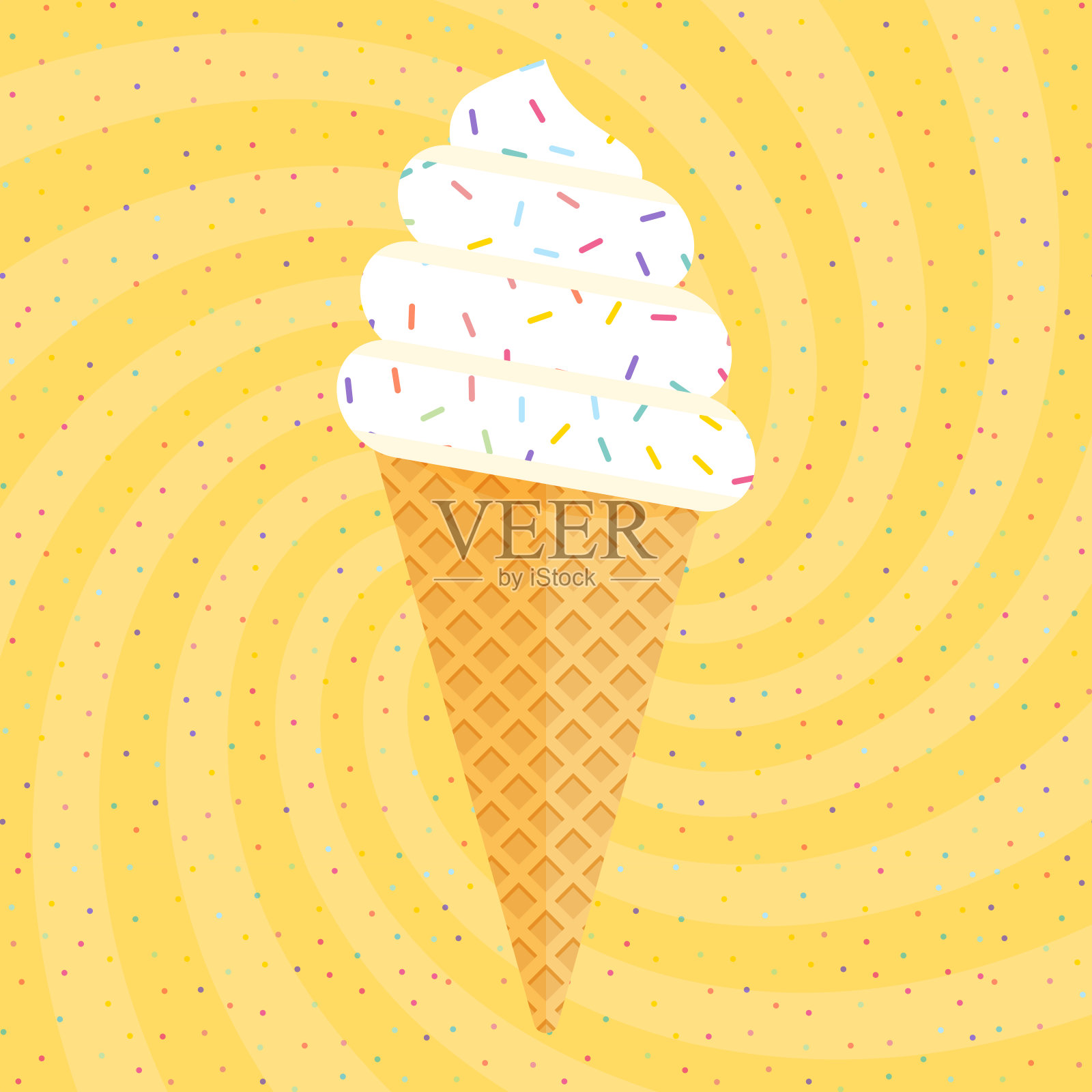 美味的彩色冰淇淋在华夫蛋筒在黄色漩涡纸屑背景。矢量图设计元素图片