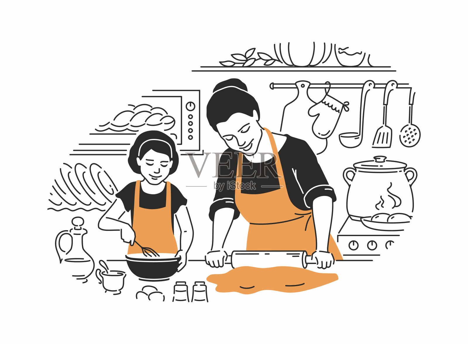 母亲和女儿烹饪-现代矢量插图插画图片素材