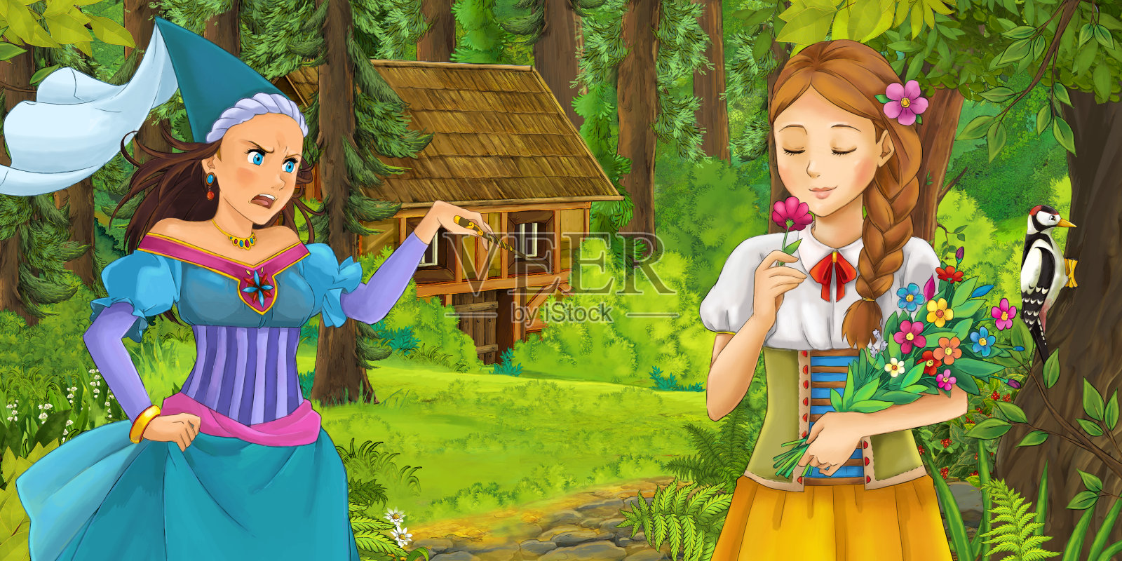 卡通场景与快乐的小女孩在森林里遭遇女巫隐藏的木屋插画图片素材