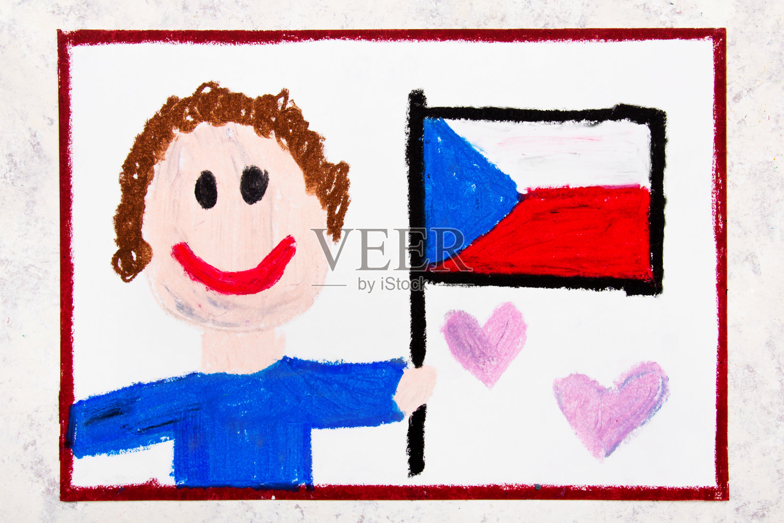 彩绘:高举捷克国旗的快乐男子。捷克国旗和微笑的男孩照片摄影图片