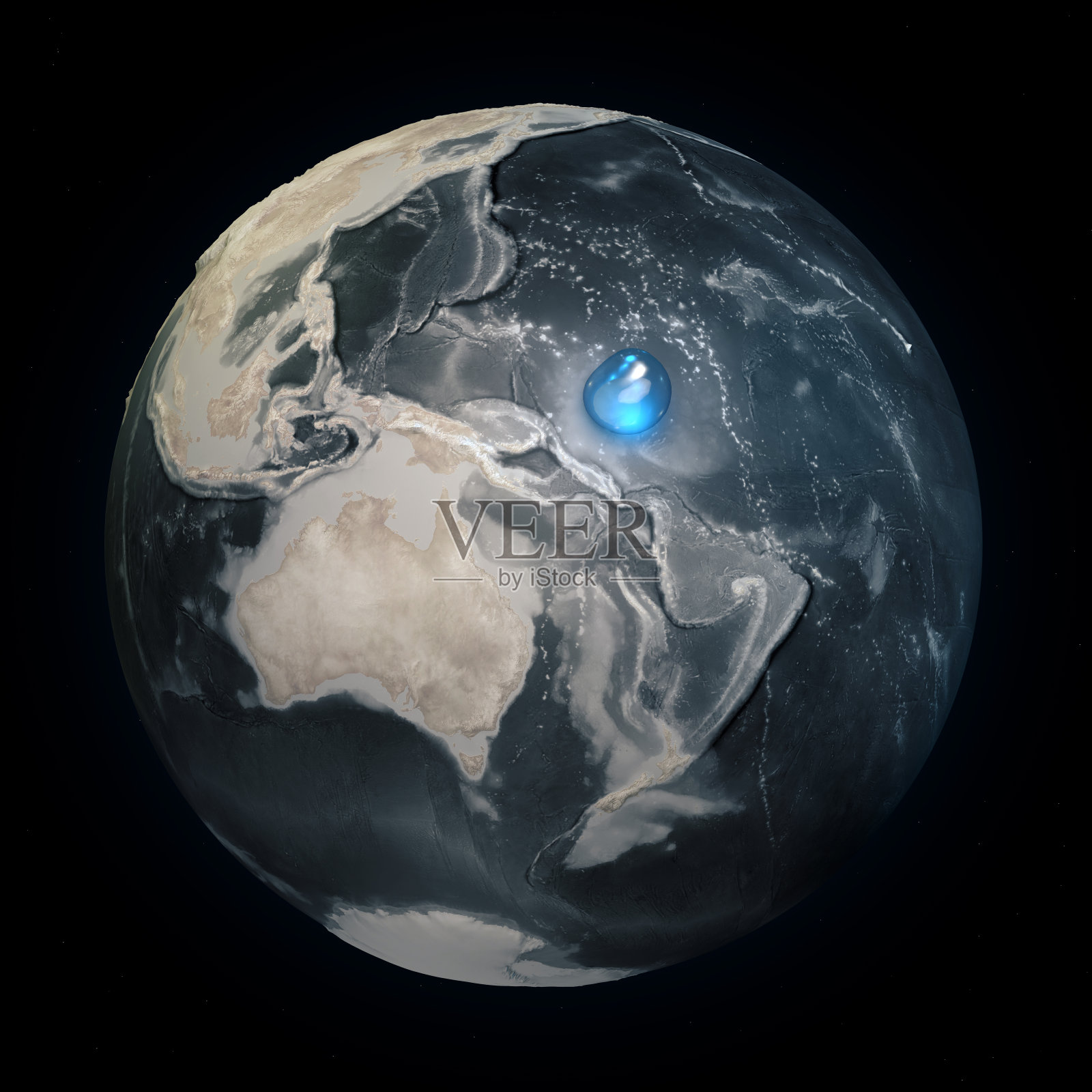 一张没有水的世界地图。地球上所有的水都集中在一个地方。水球体。气候变化，全球变暖。物质世界。三维渲染照片摄影图片
