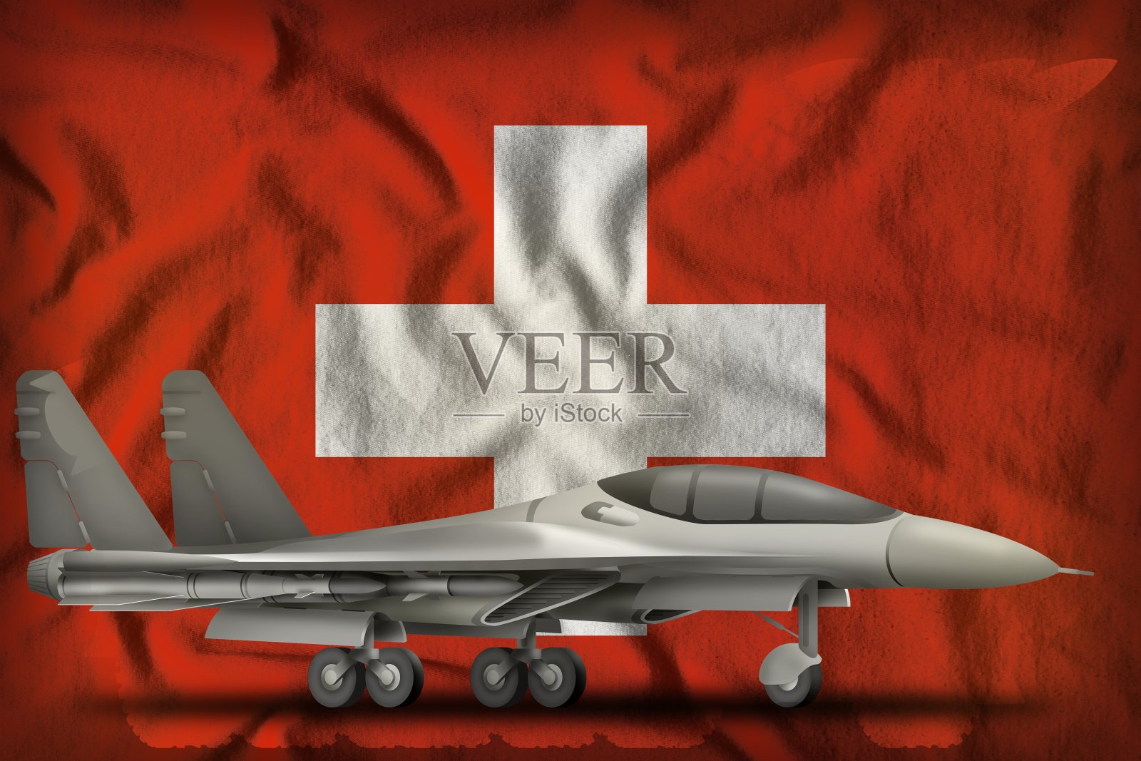 战斗机，拦截器以瑞士国旗为背景。三维演示照片摄影图片