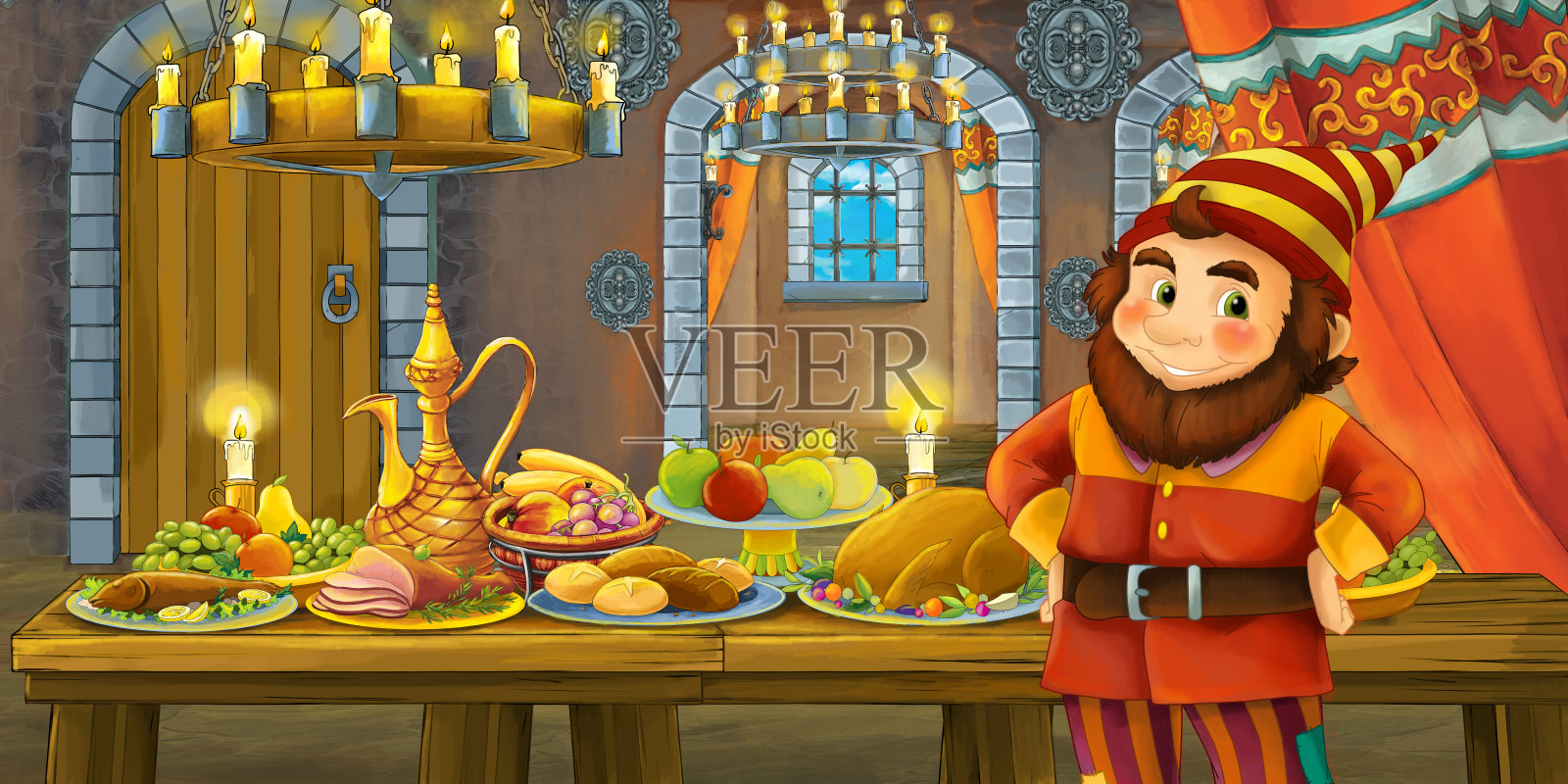 卡通童话场景中，侏儒王子坐在摆满食物的桌子旁插画图片素材