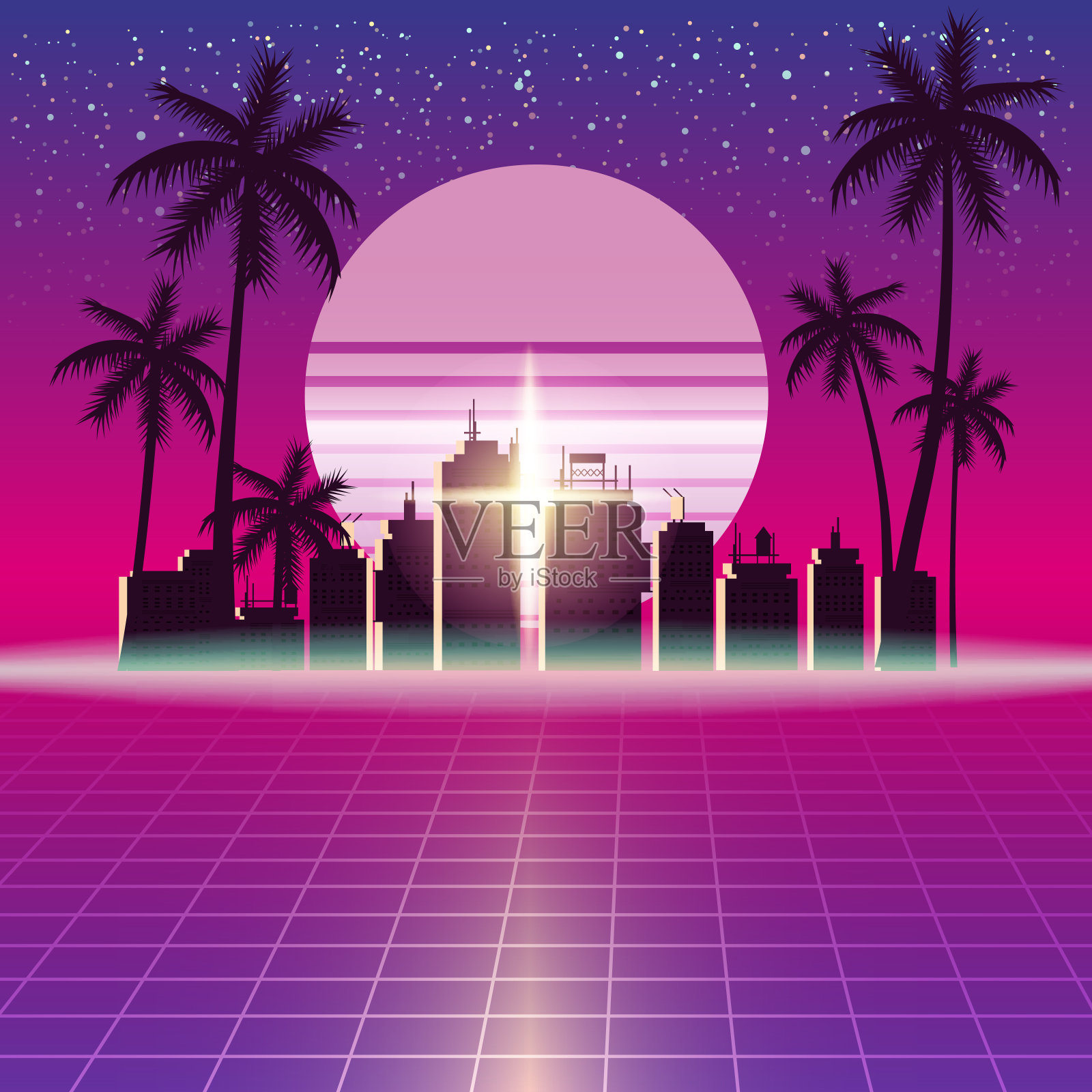 合成波复古未来景观与城市棕榈树，太阳，星星和风格的激光网格。霓虹复古设计和元素80年代90年代的科幻空间。矢量插图模板孤立的背景插画图片素材