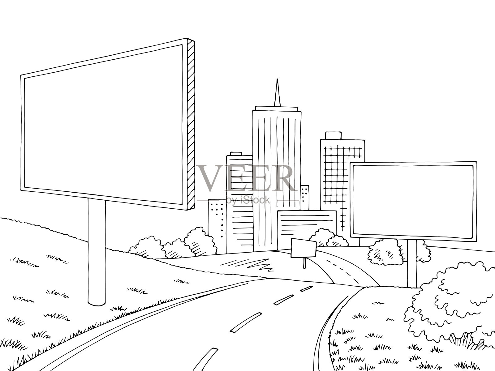 道路广告牌图形黑白城市景观素描插图矢量插画图片素材