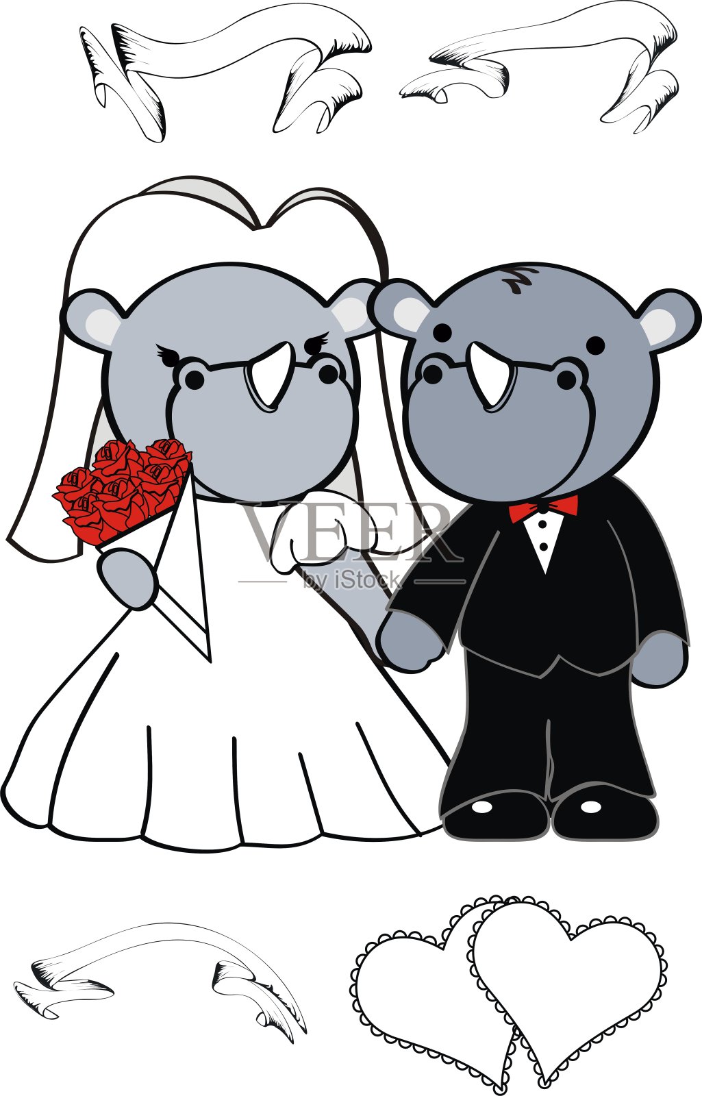可爱的卡哇伊犀牛夫妇卡通爱情结婚收藏插画图片素材