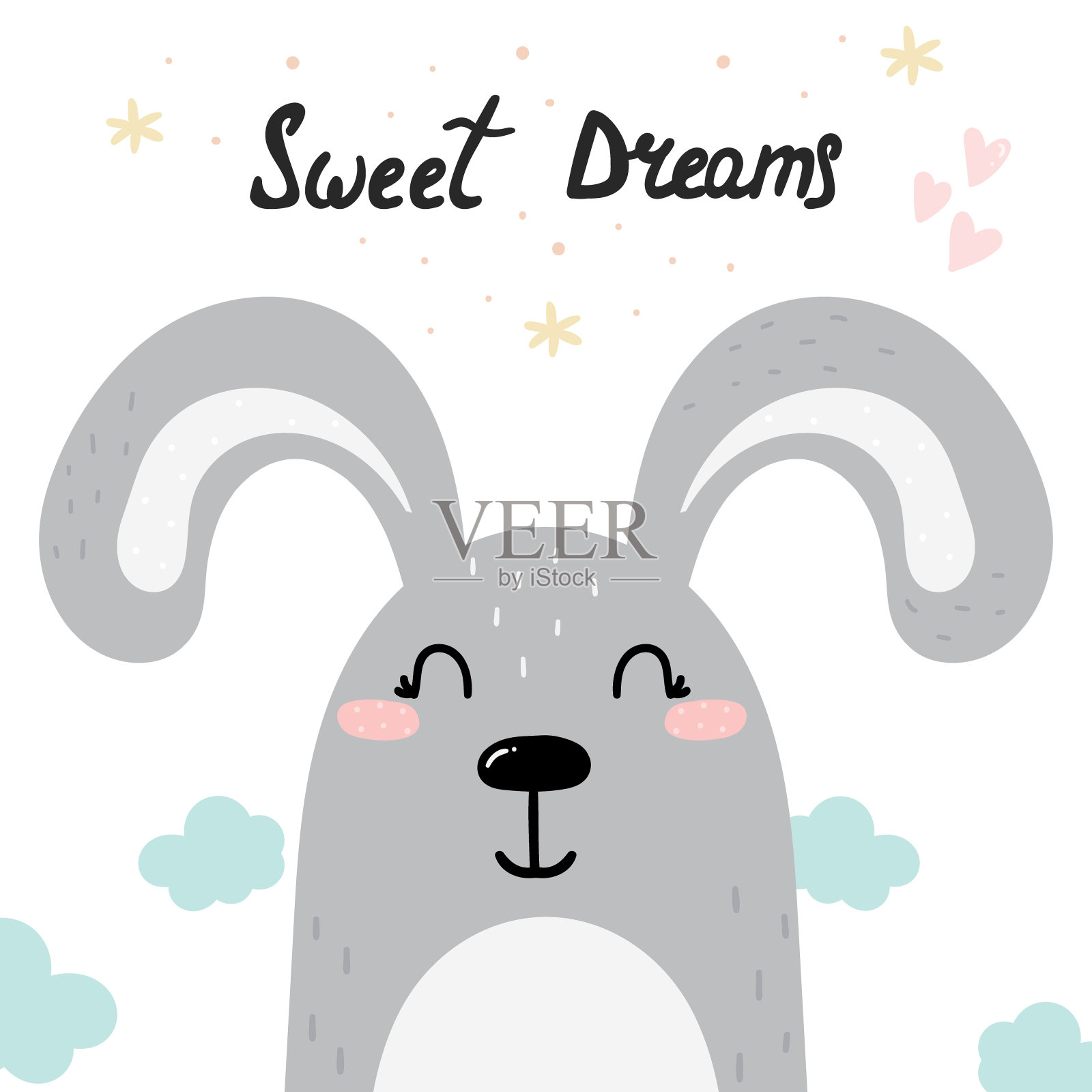 可爱的甜蜜的梦想卡与手绘兔子。向量打印。插画图片素材