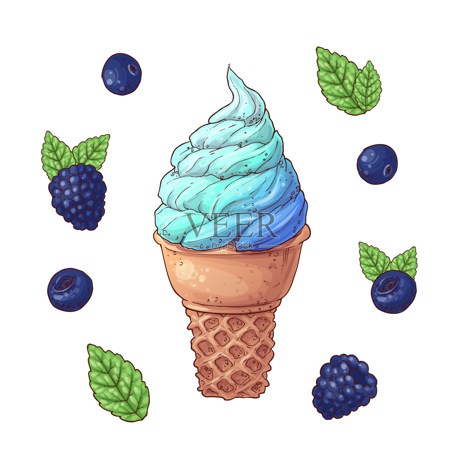 一套冰淇淋甜筒矢量插图。草莓，蓝莓冰淇淋设计元素图片