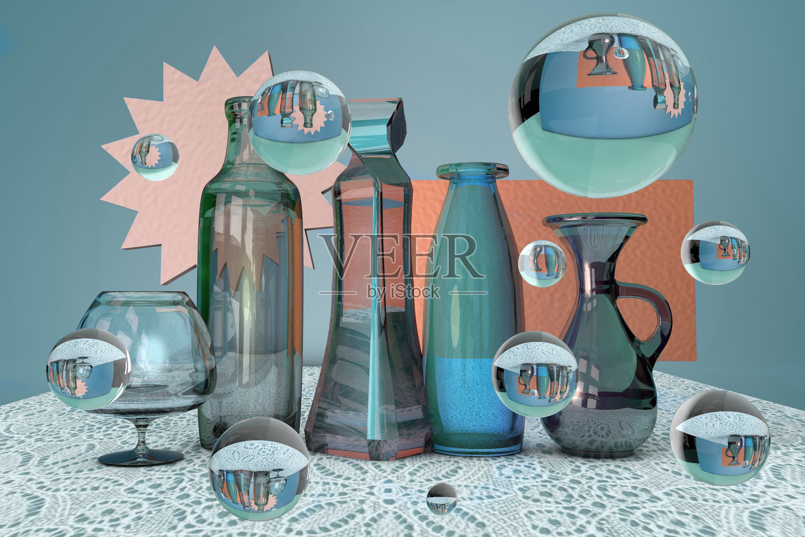 3d渲染的幻想未来玻璃与瓶子，罐子，花瓶，酒杯和泡沫在花边桌布上的生活照片摄影图片