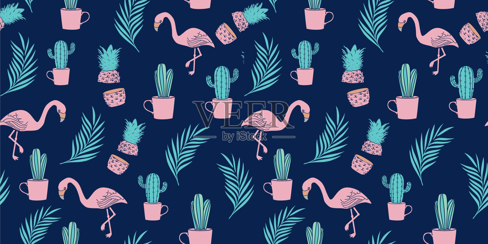 火烈鸟，热带树叶，菠萝手绘矢量丛林在蓝色的背景插画图片素材