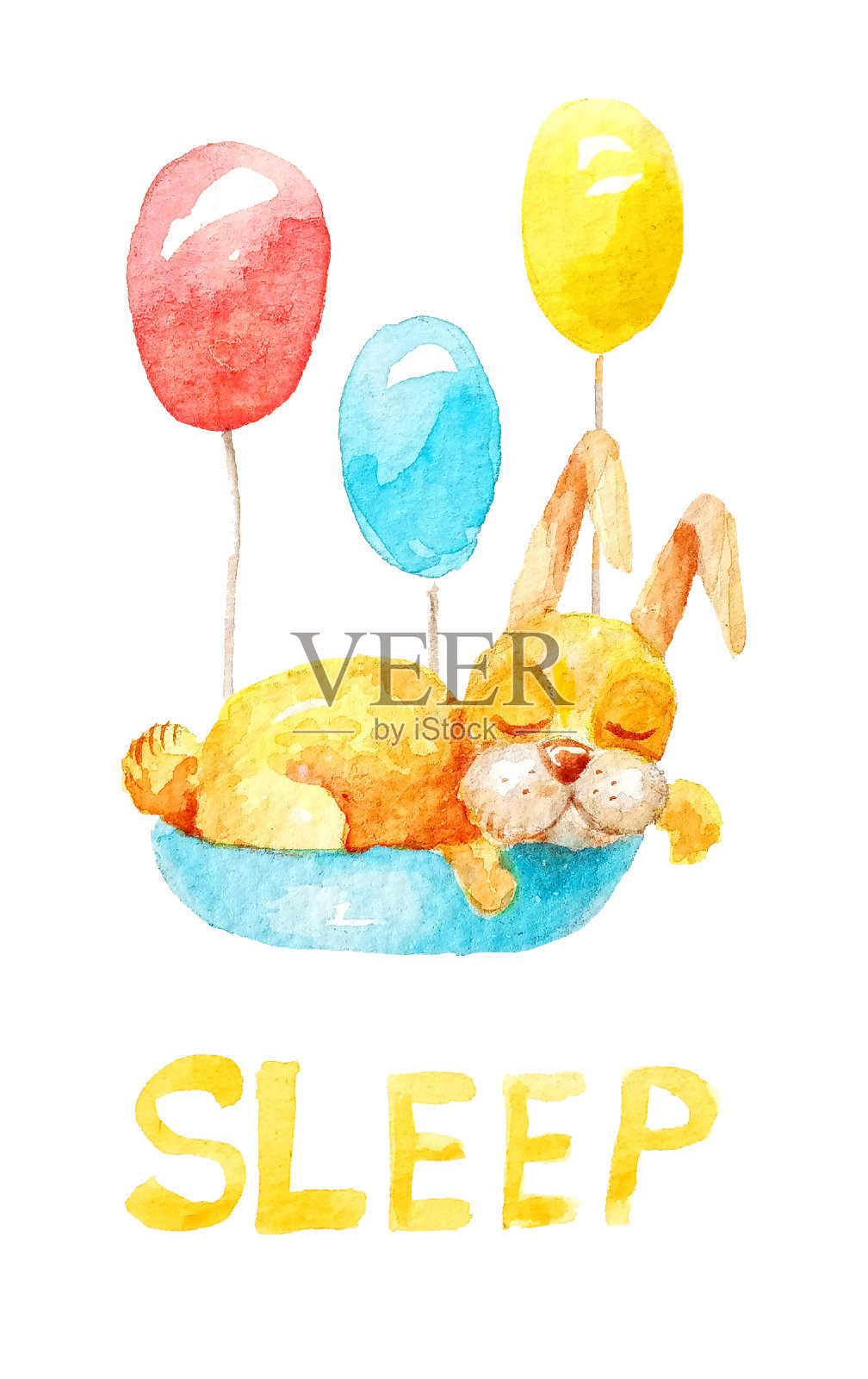 可爱的黄色小兔子睡在一个蓝色的篮子里，篮子里有三个不同颜色的气球，水彩画风格的白色背景作为卡片或明信片插画图片素材
