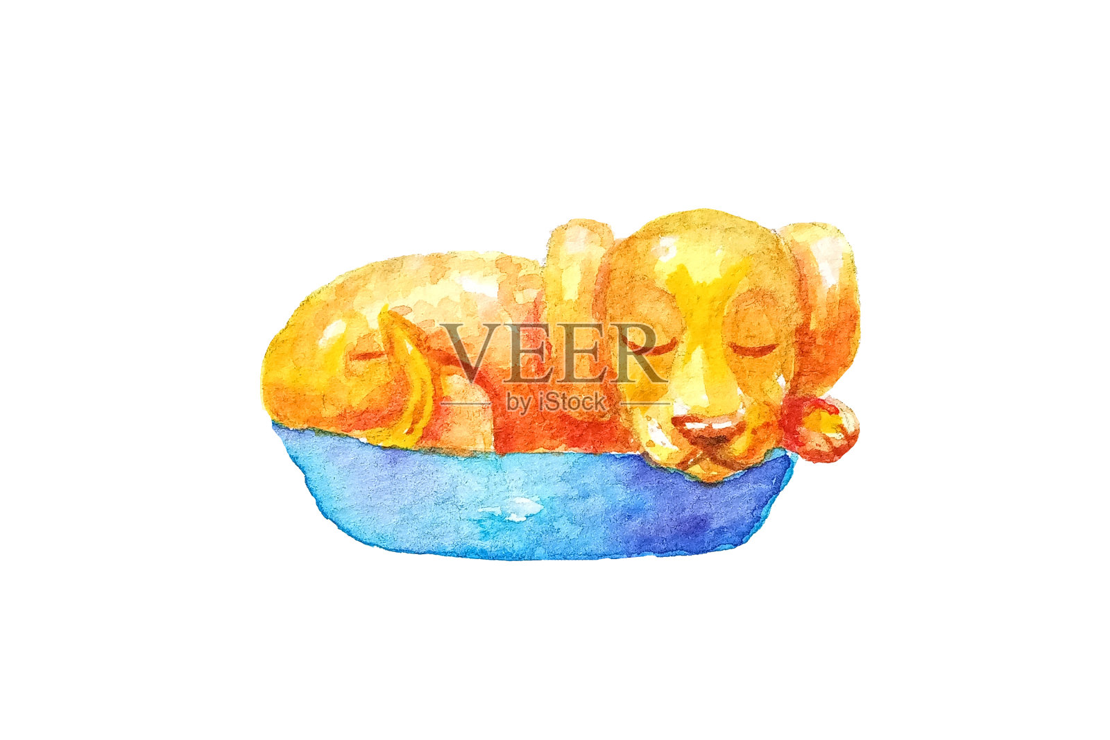 水彩画的黄色小狗睡在一个蓝色的篮子在白色的背景。孤立的插画图片素材