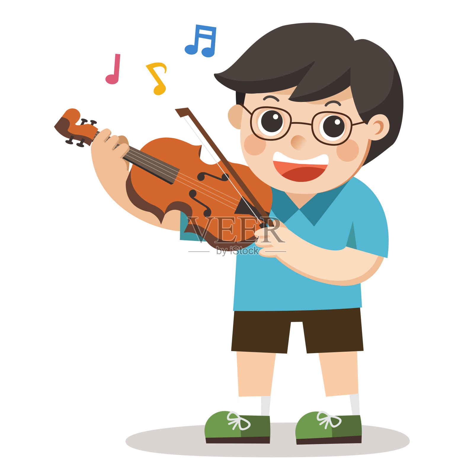 一个男孩在白色的背景上拉小提琴。儿童音乐表演。设计元素图片